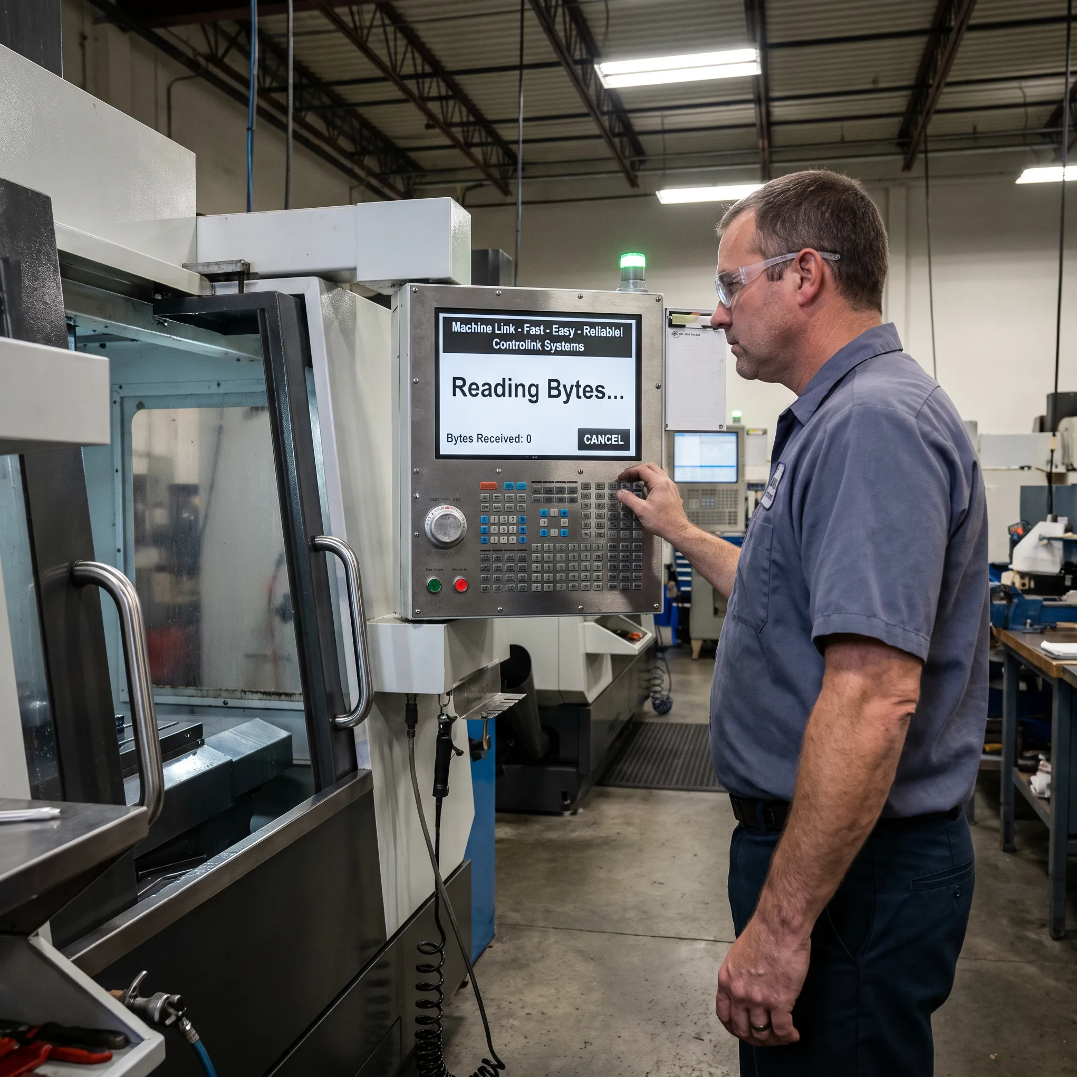 Machinist accessing CNC programs via digital control panel on factory floor