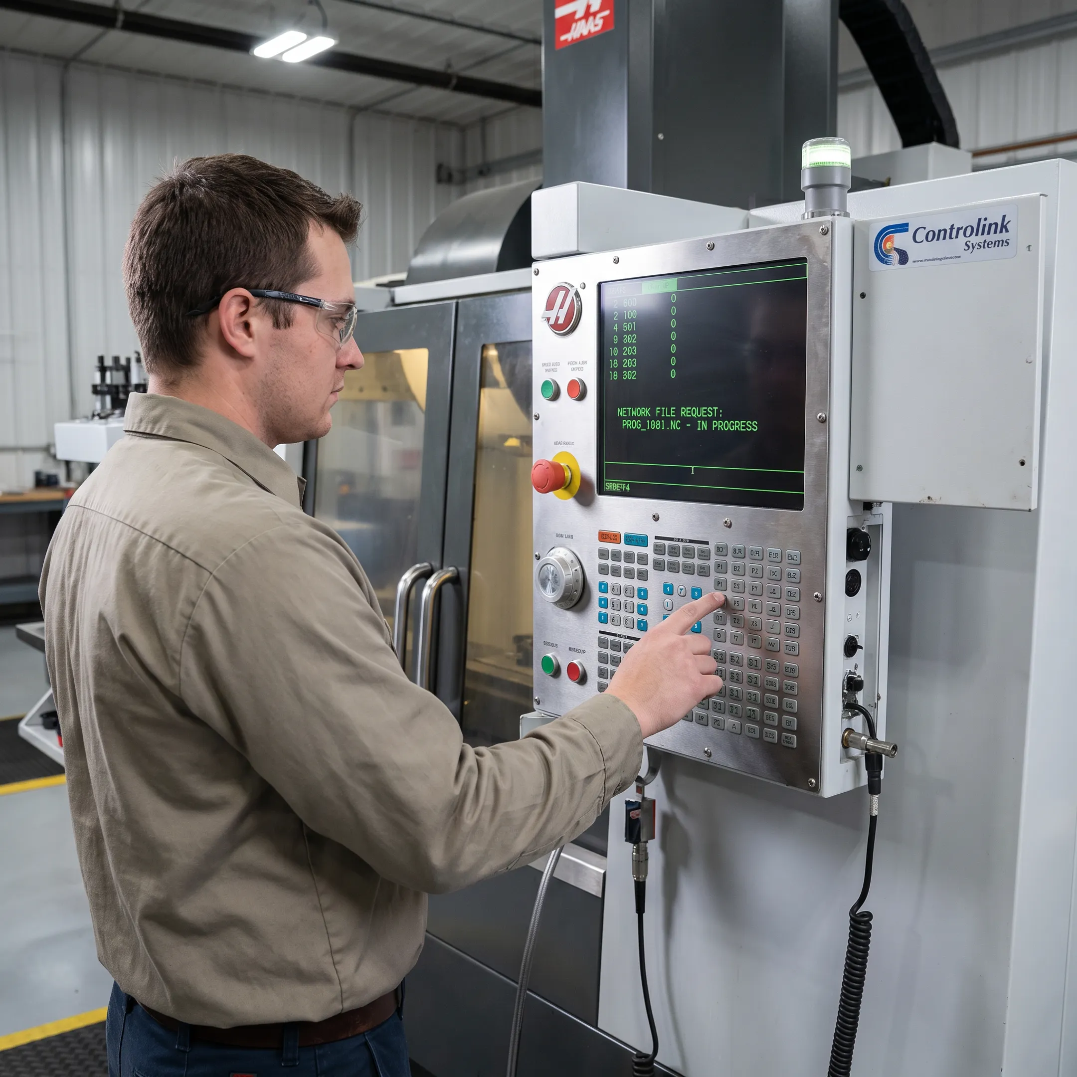 CNC machinist operating a machine tool control running pull-based program delivery