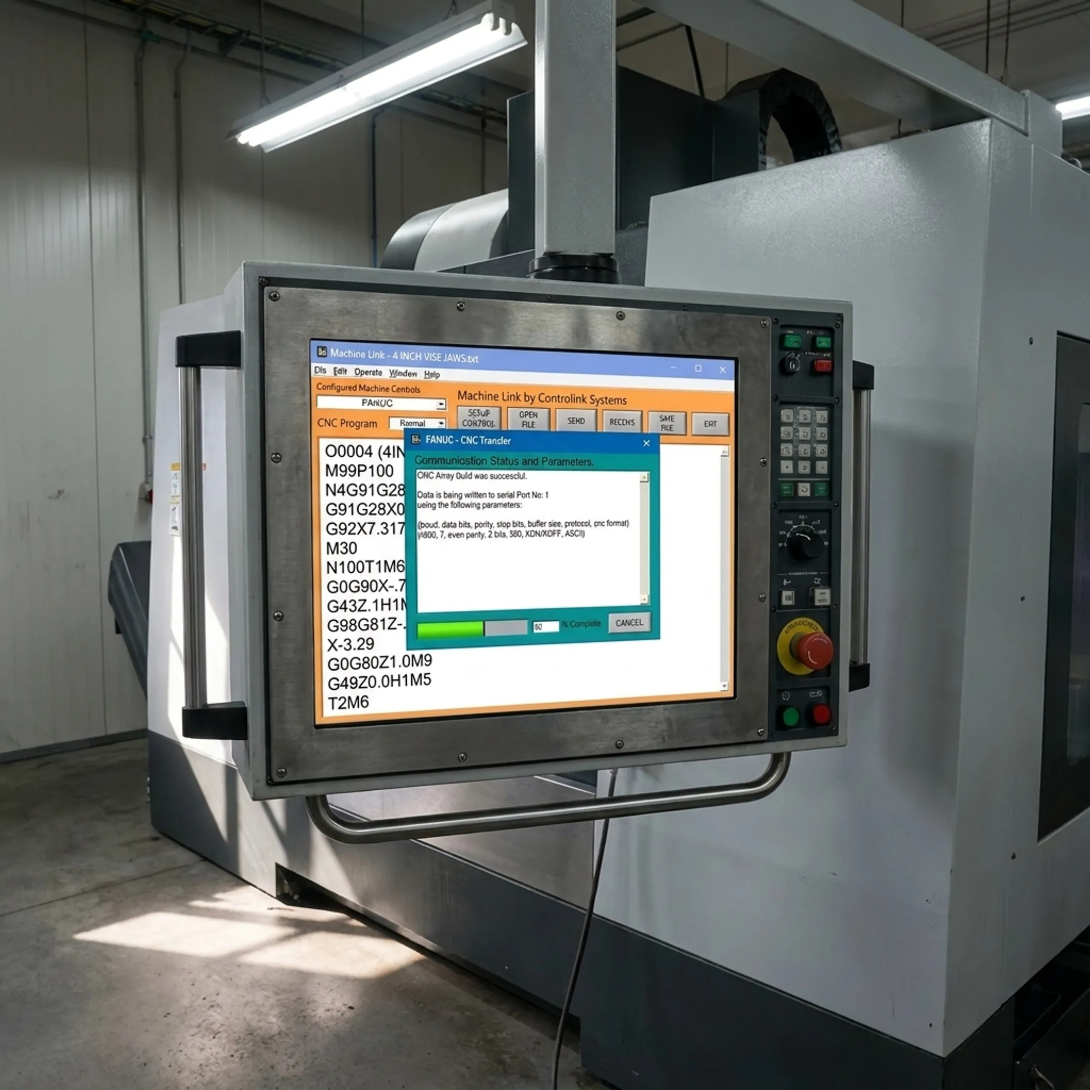 Industrial machinist accessing automated CNC programs at machine console