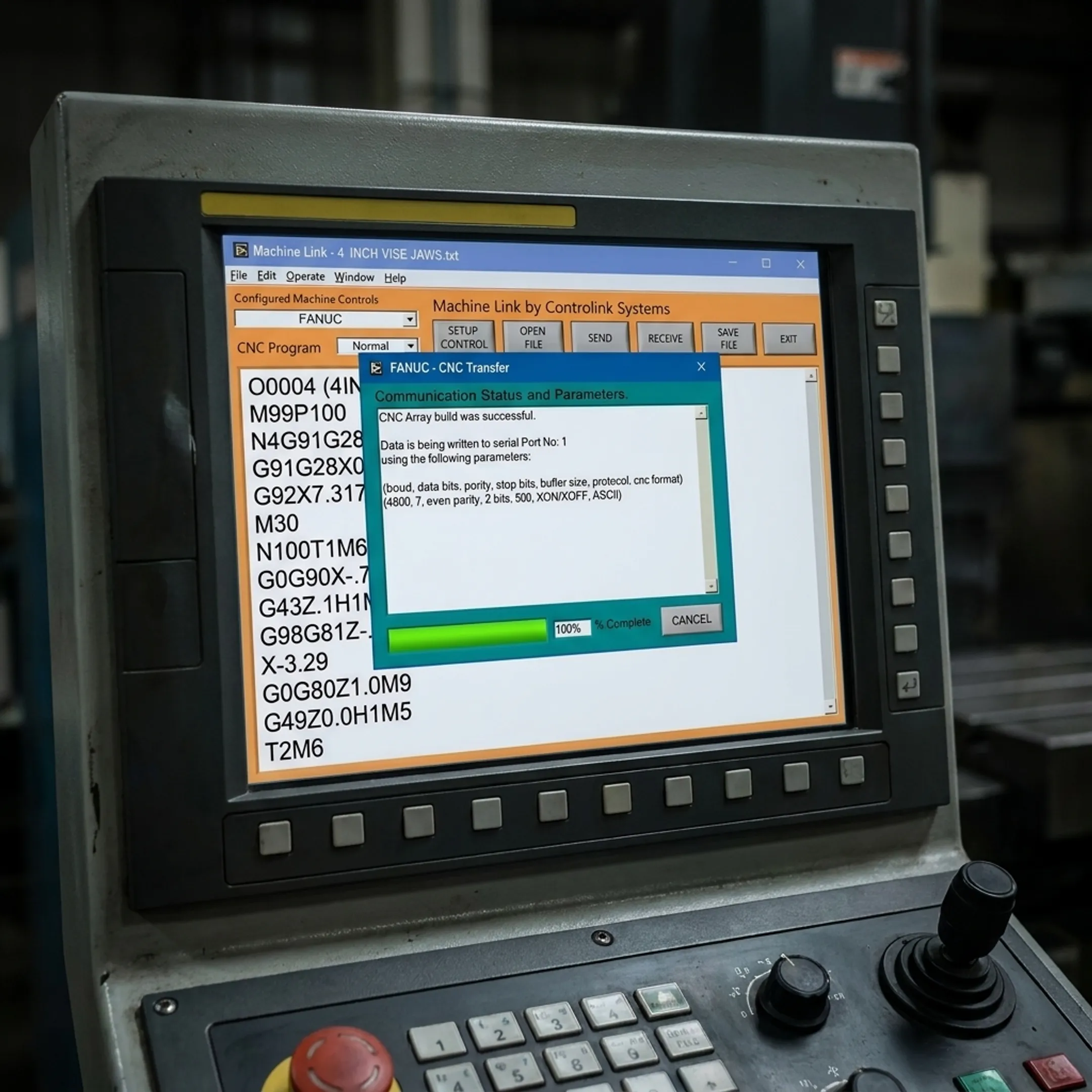 CNC control screen displaying program receipt confirmation