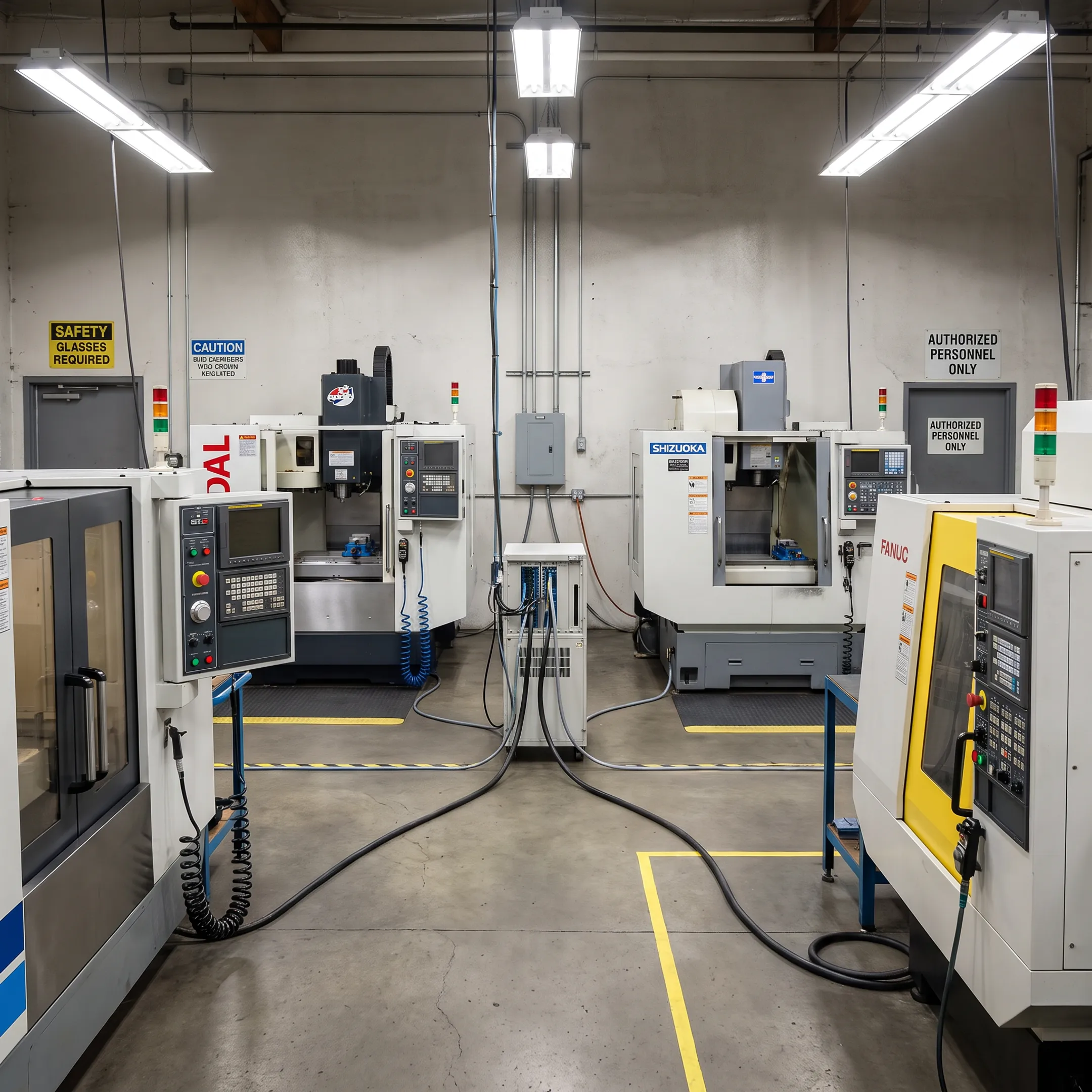 Manufacturing floor with CNC milling machines communicating with central server