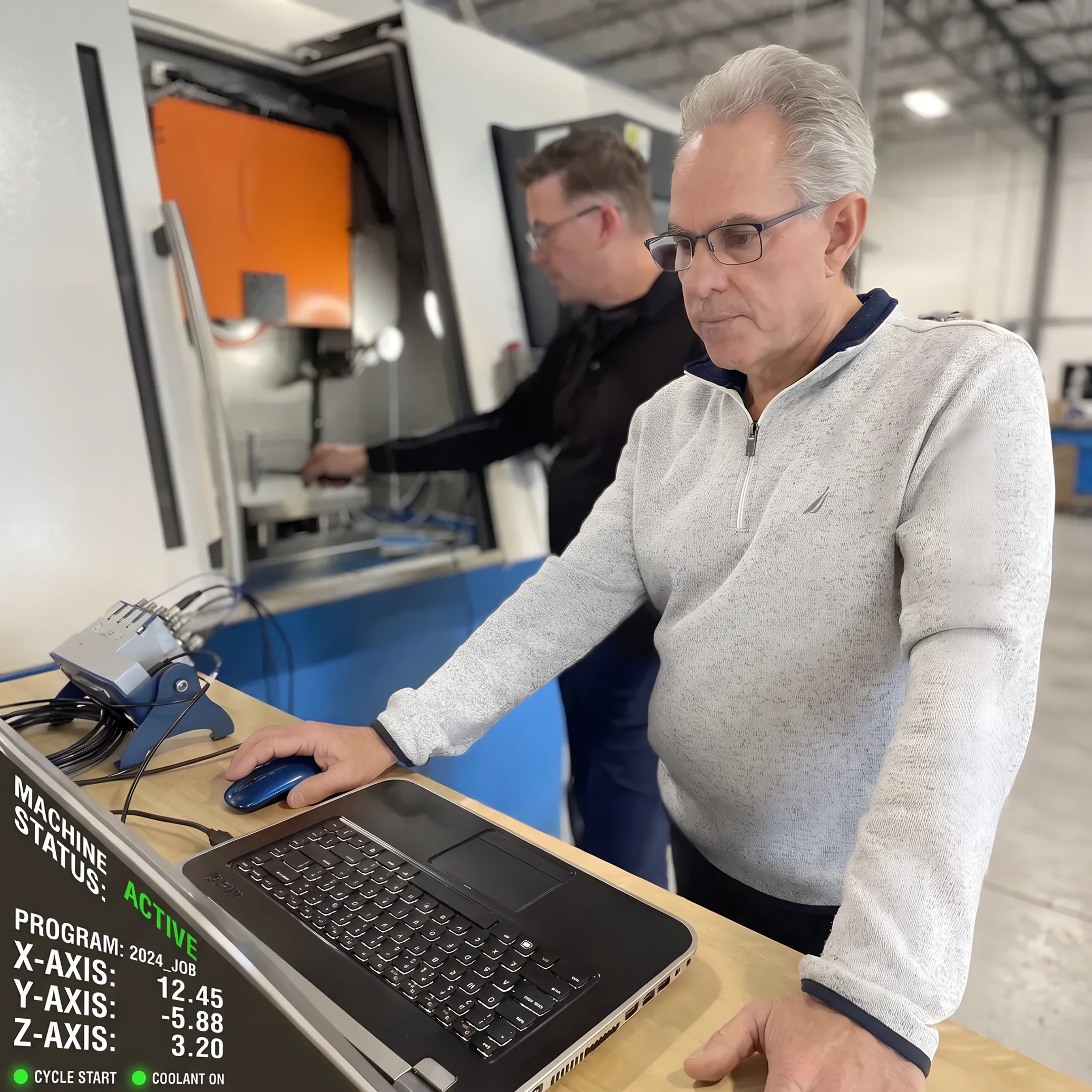 CNC machine operator reviewing shop floor software on a manufacturing control terminal