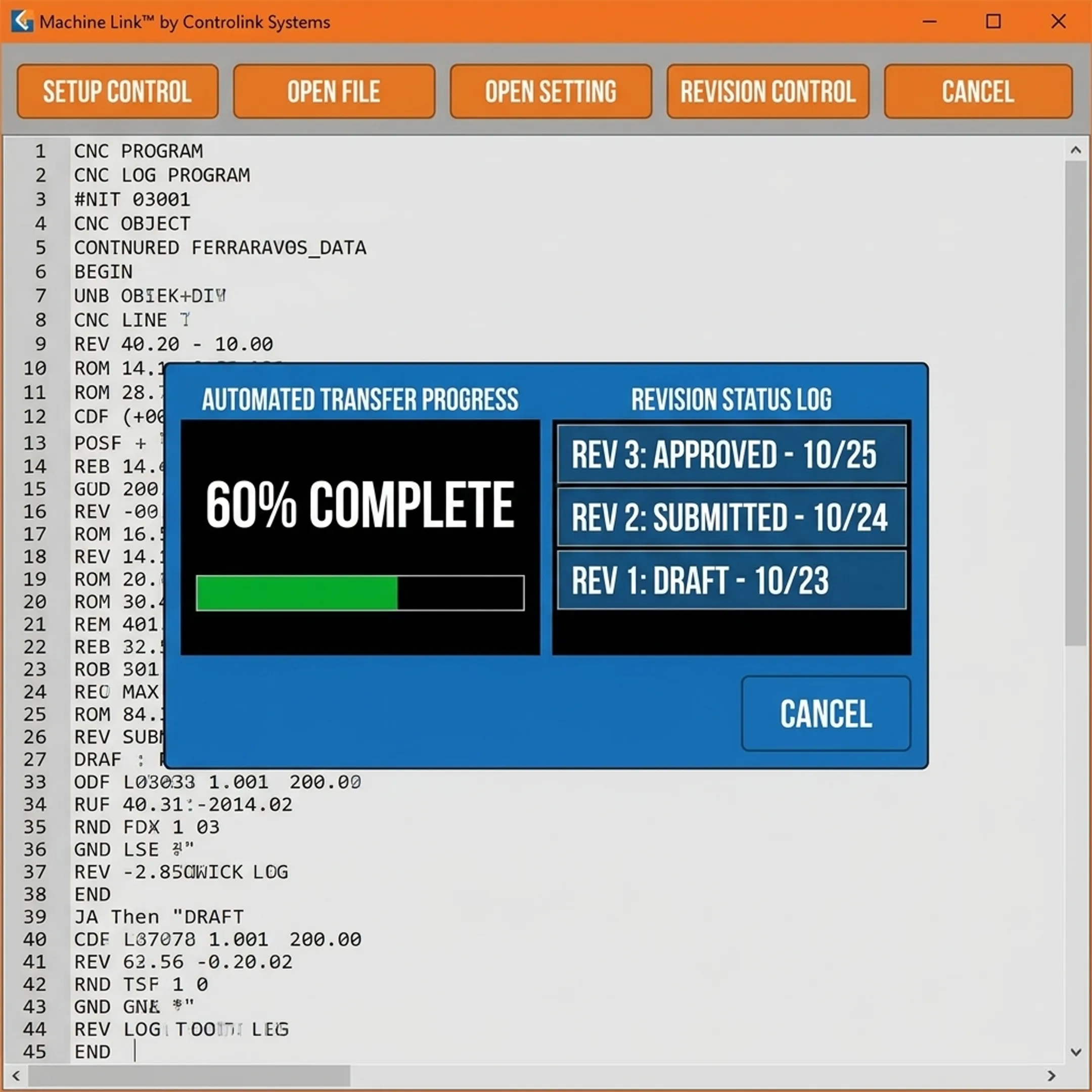 Engineering workstation interface showing centralized CNC program revision control and transfer status