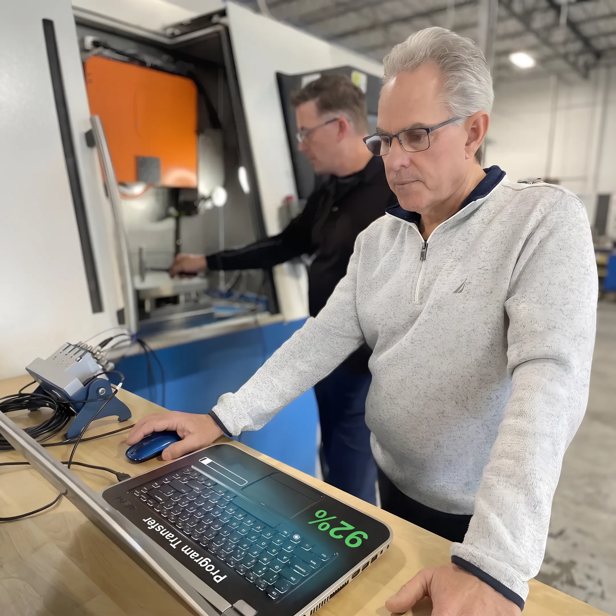 Machinist monitoring CNC program transmission at an industrial machine tool terminal
