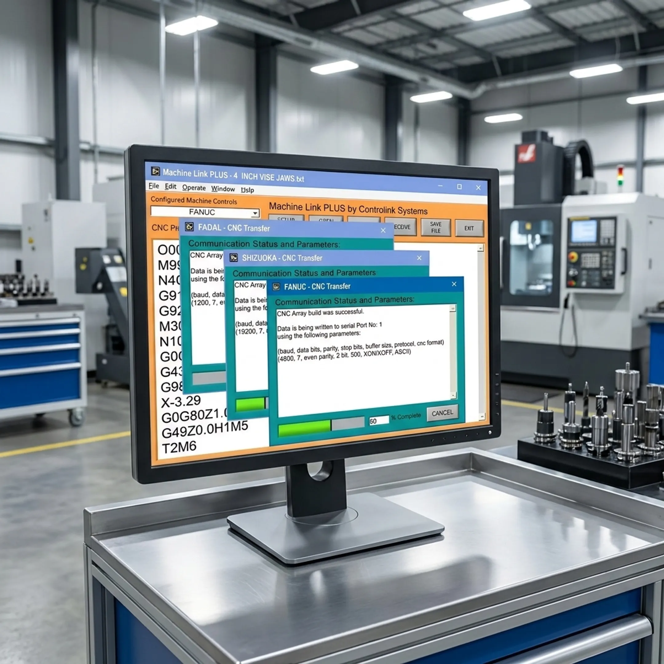 Diagram of automated CNC program transfer workflow from control to server