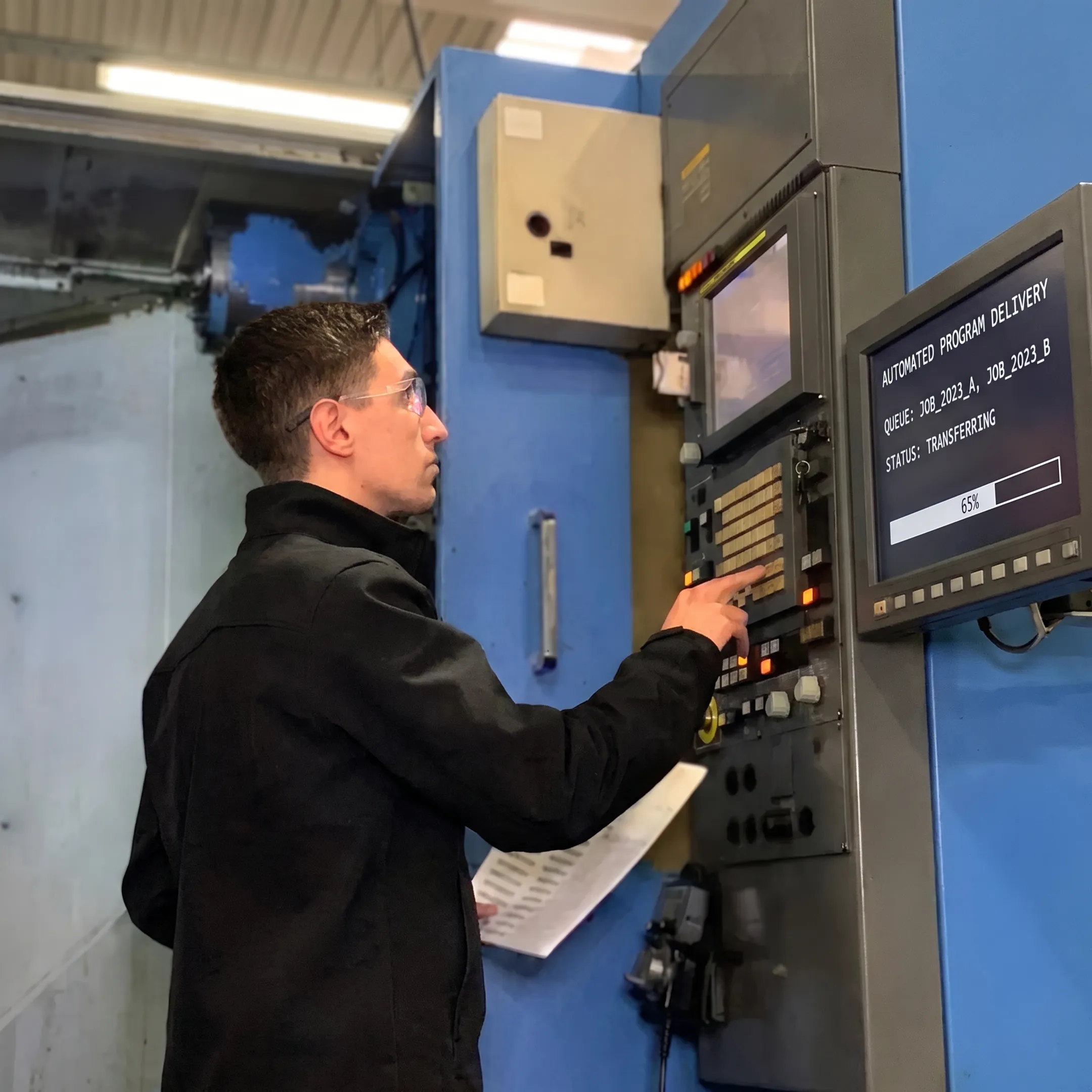 Machinist accessing CNC program control software on shop floor