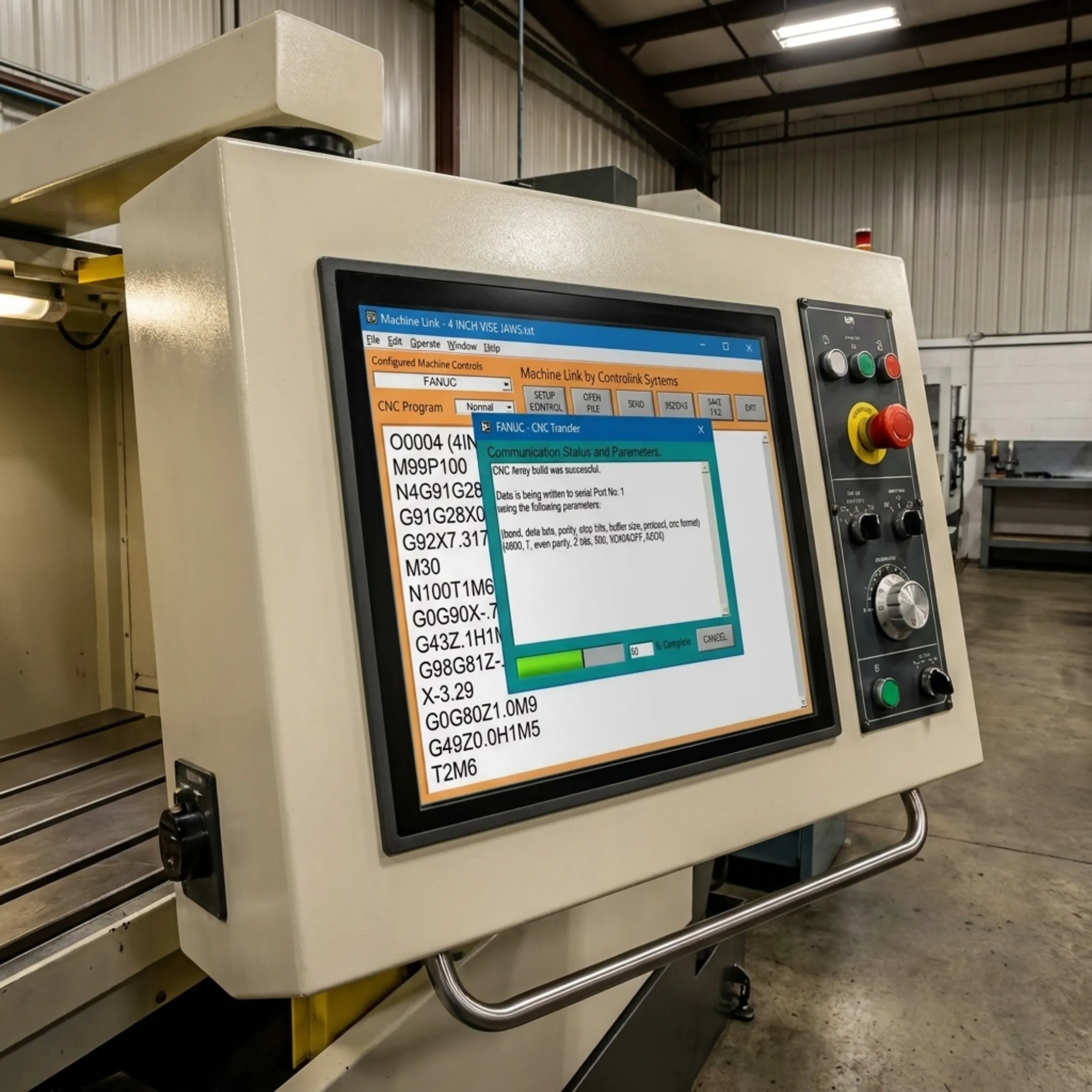 Industrial CNC machine control screen running automated file management software