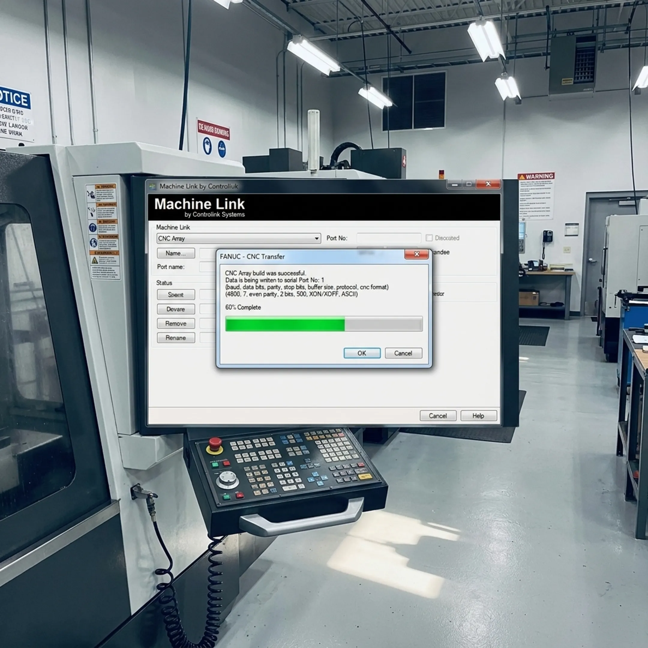 CNC machine operator requesting automated program data from control console