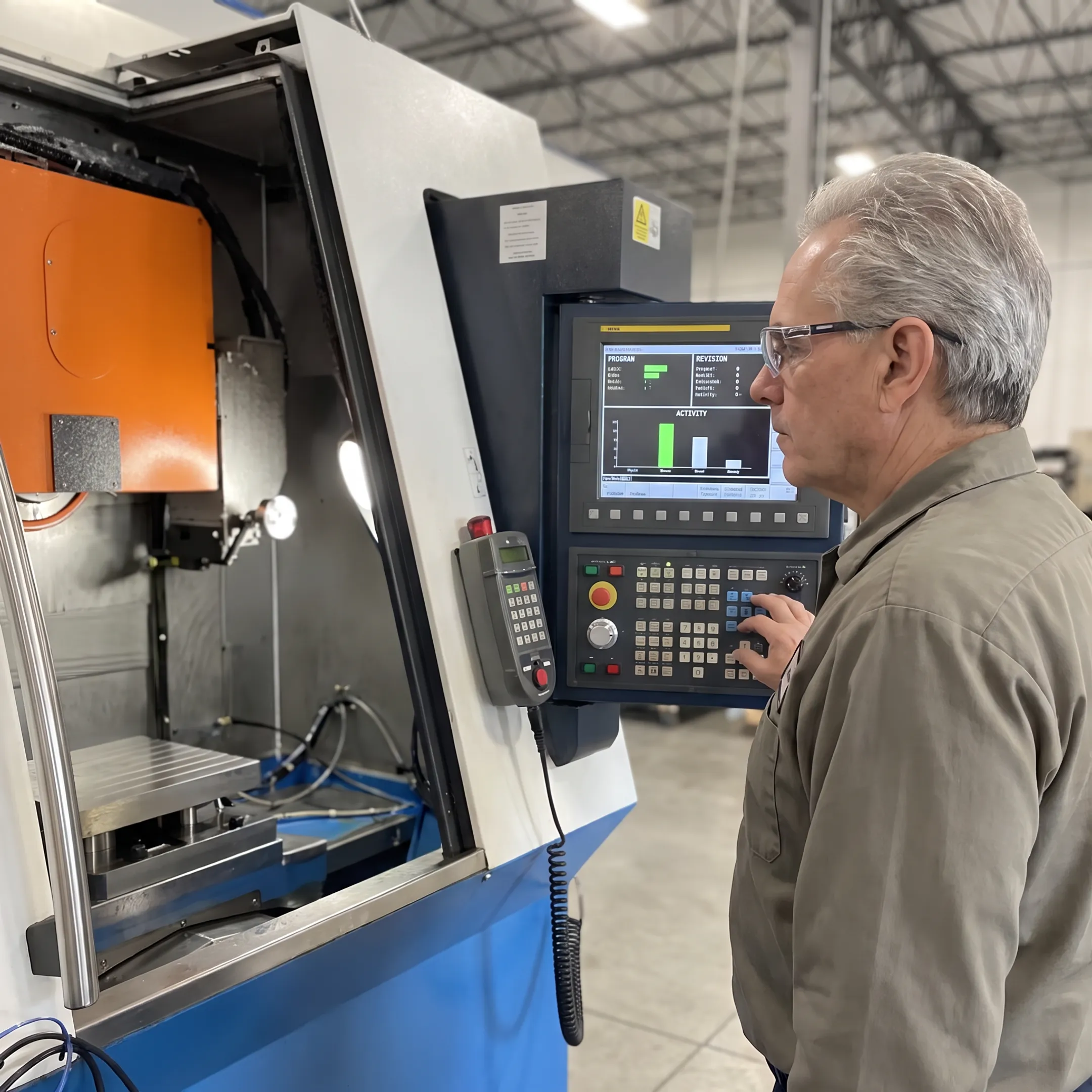 Machinist monitoring CNC machine tool display on the shop floor