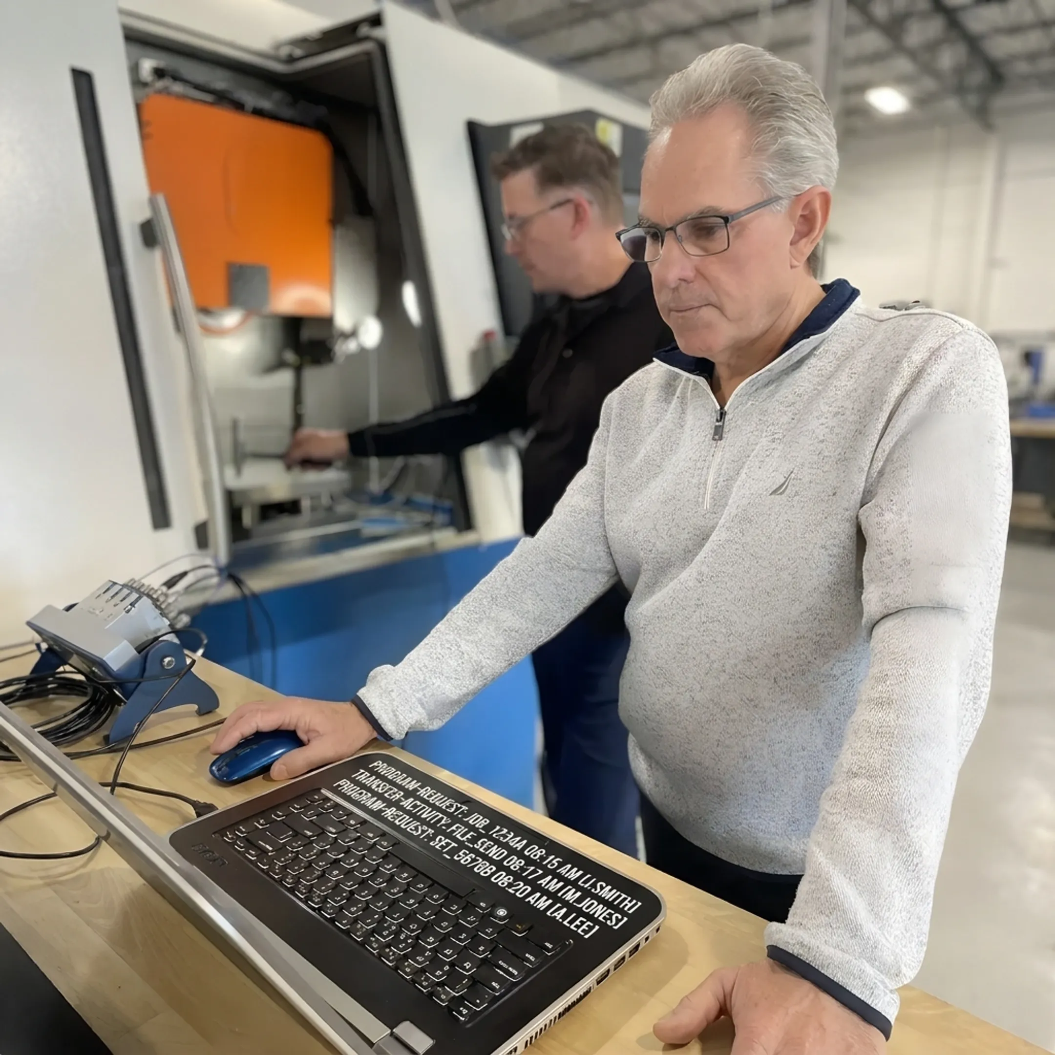 CNC machining center with digital display showing program verification and transfer logs