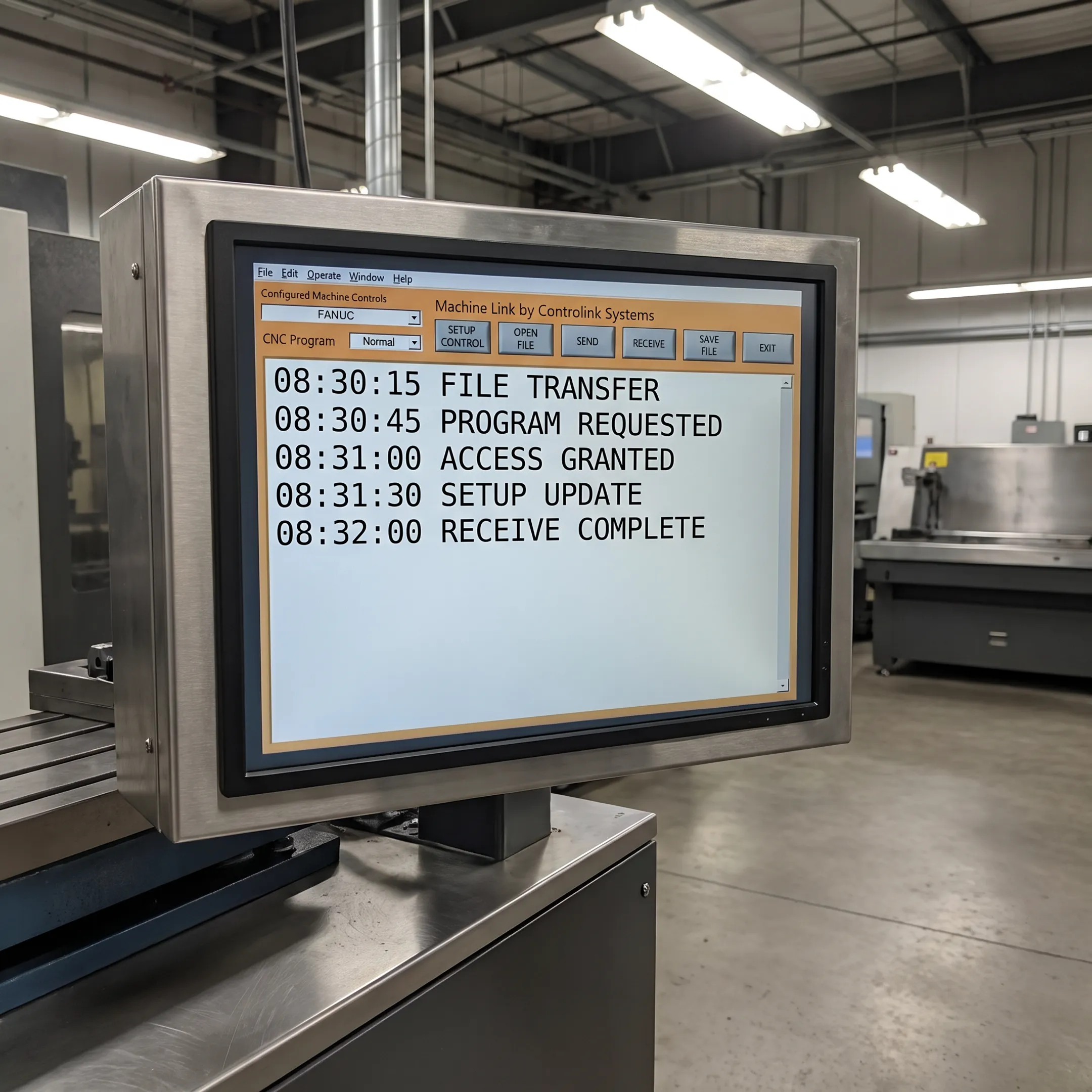 CNC program audit trail software interface displaying event log records on a screen