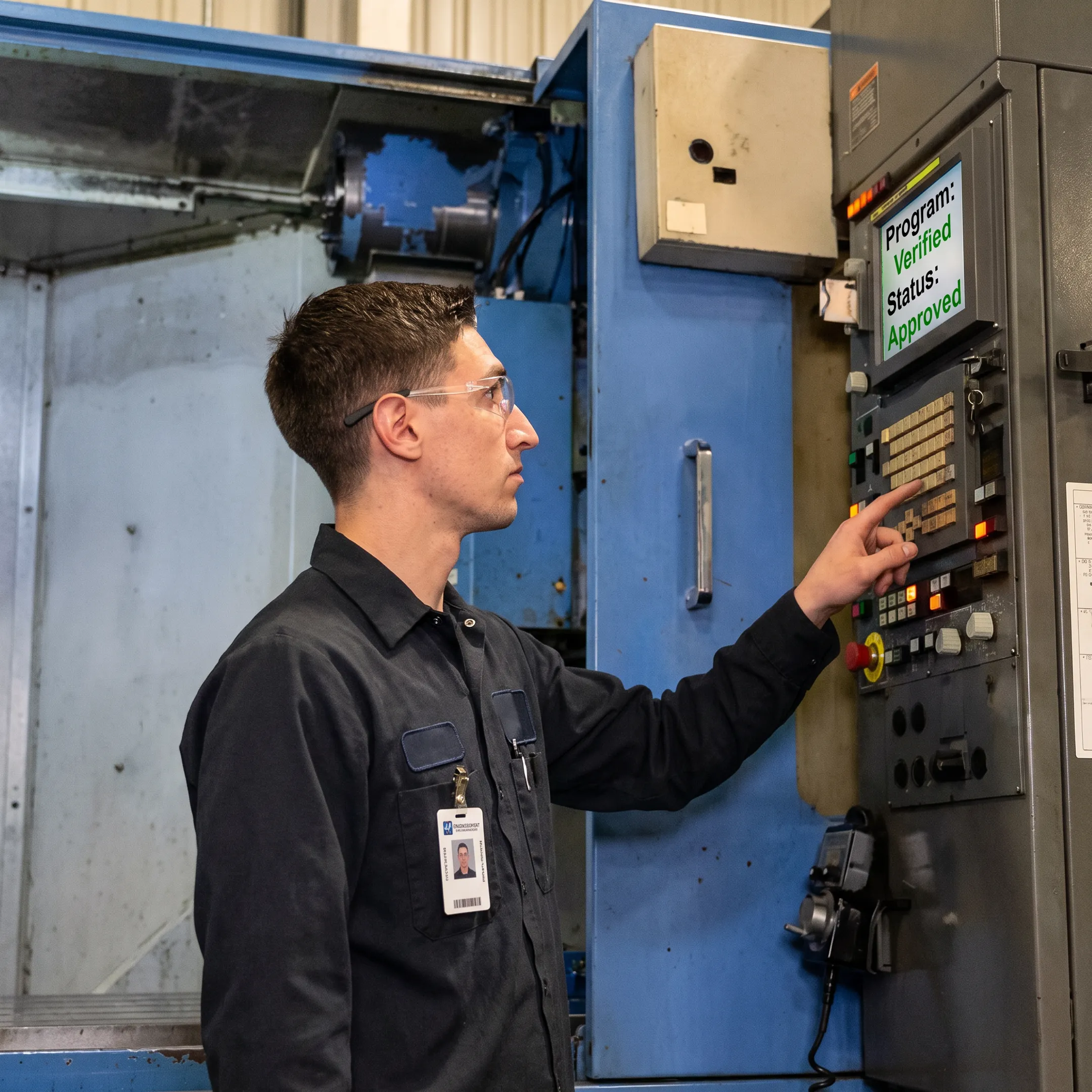 Machinist operating a CNC machine control running verified program version
