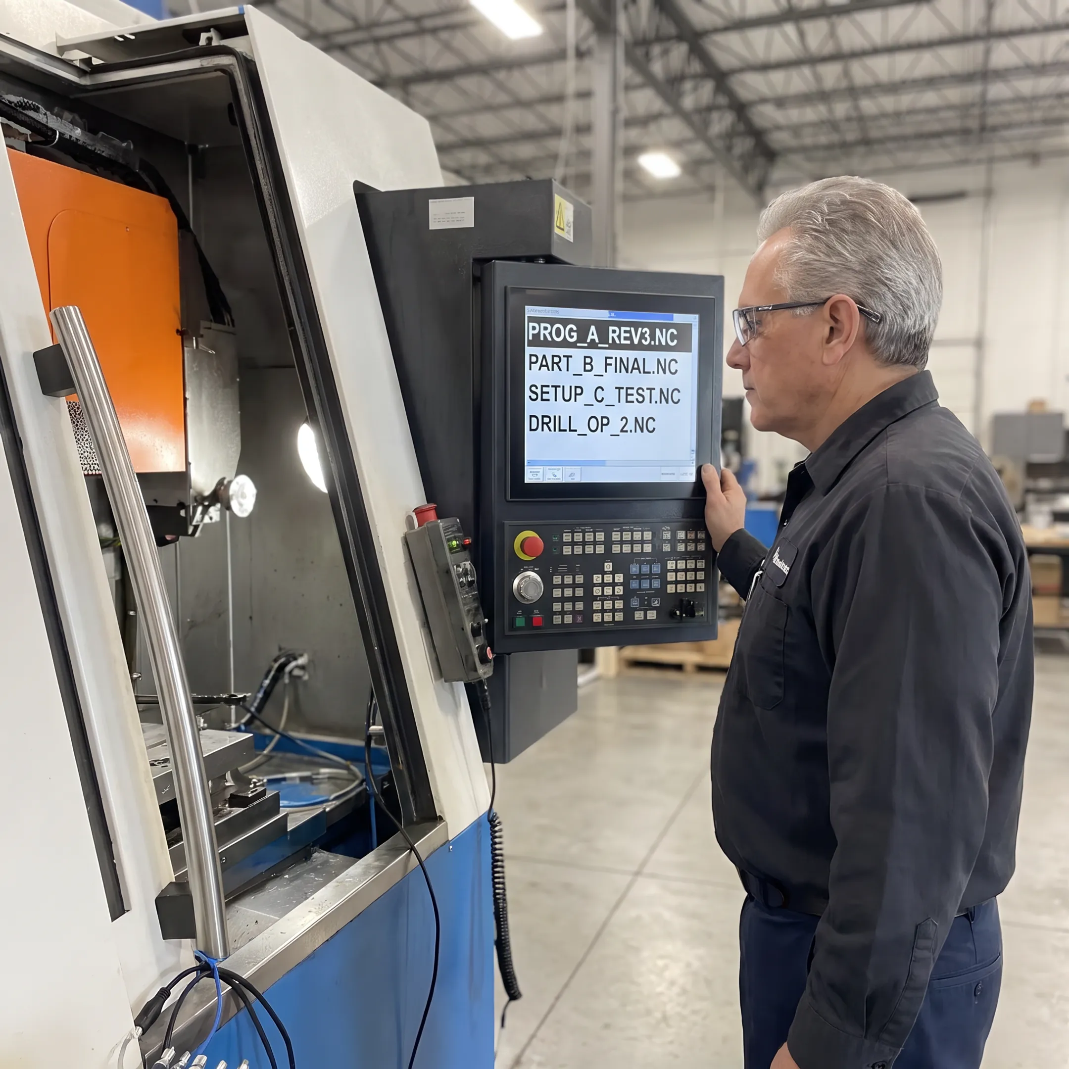 CNC machine operator loading verified program files at control panel