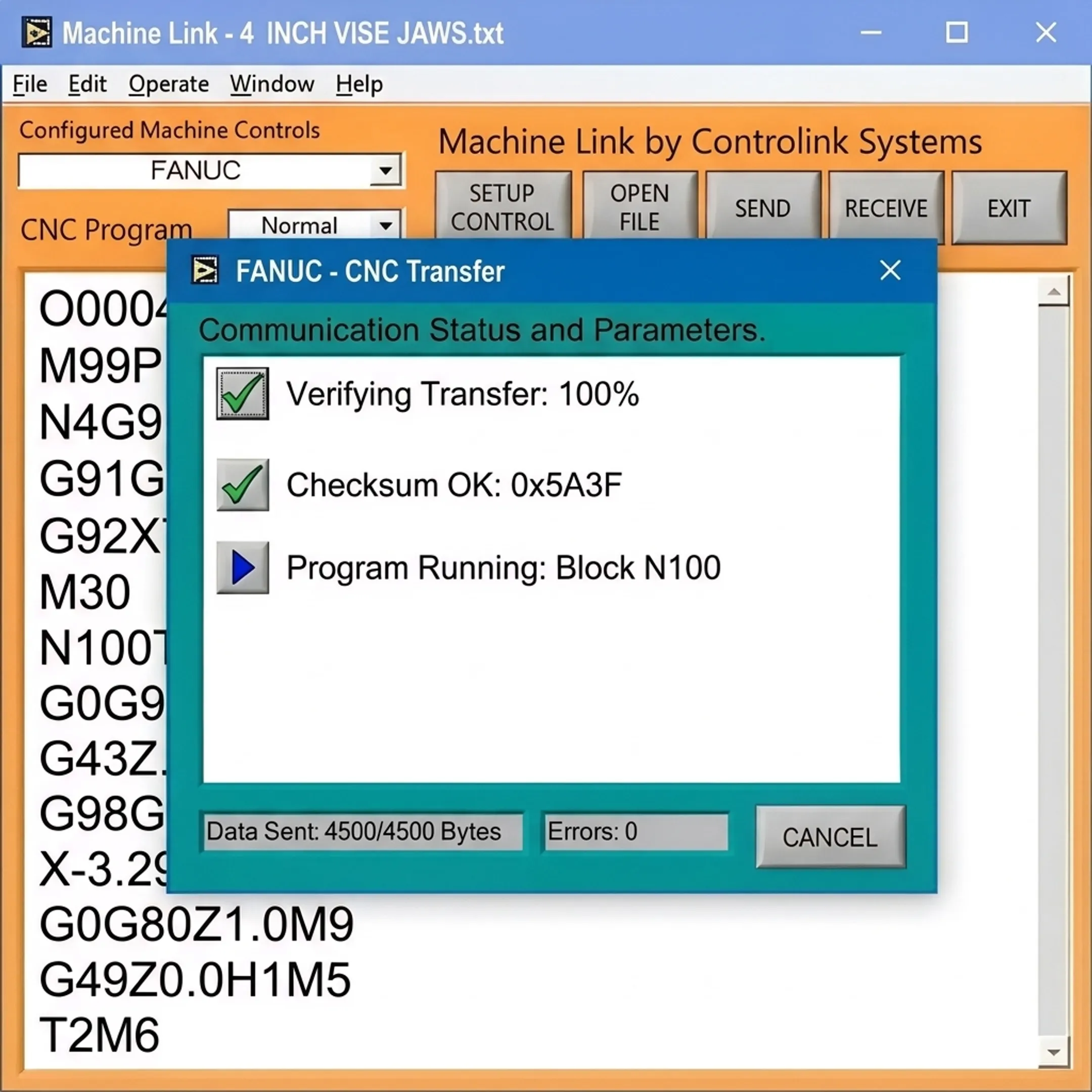 CNC control screen displaying verified program transfer status