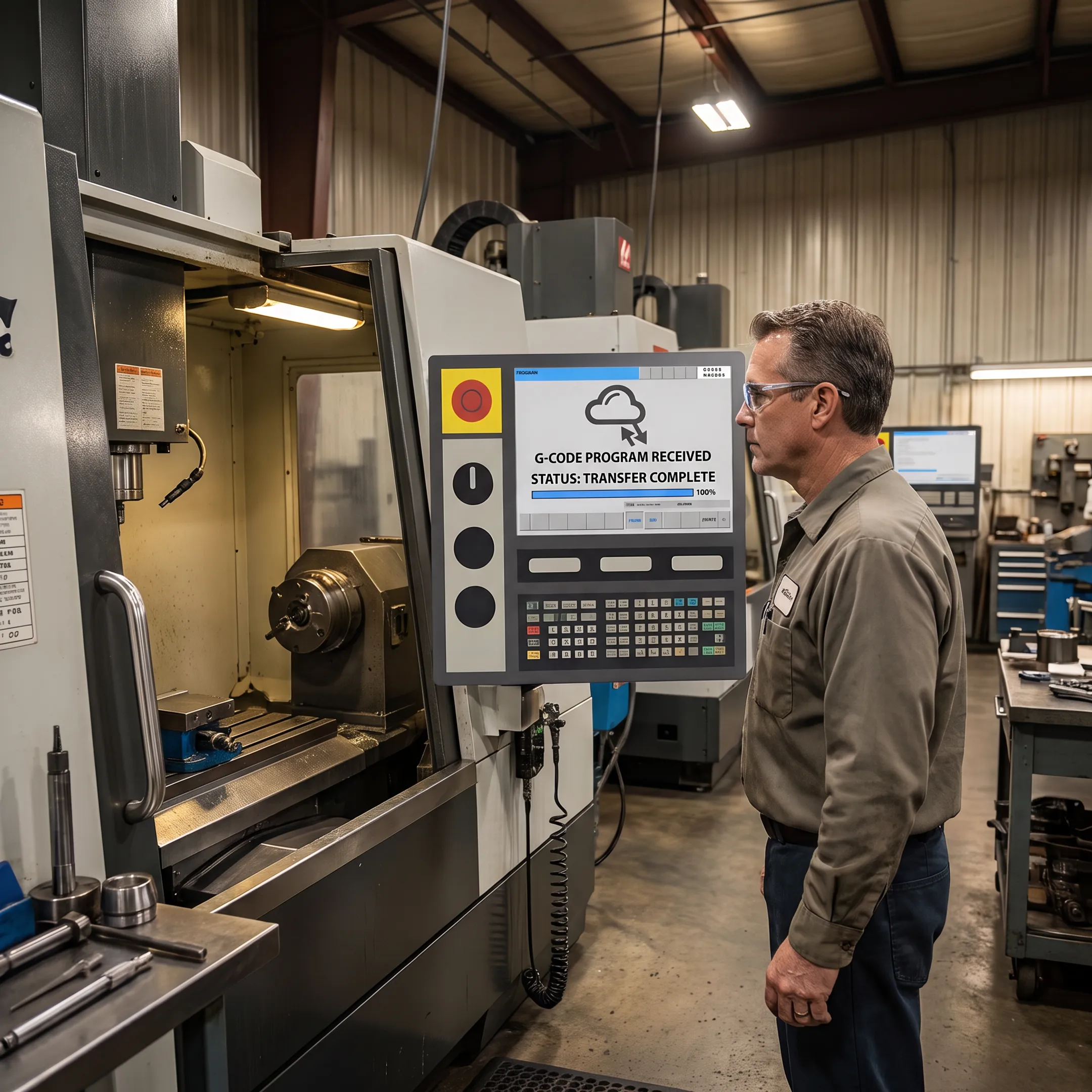 Machinist operating CNC machine using wireless DNC file transfer software