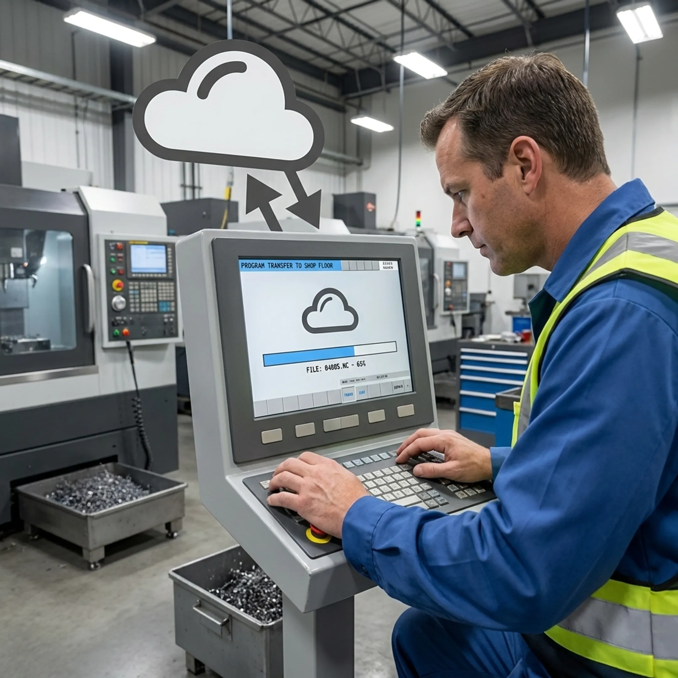 Engineer monitoring secure CNC data transmission across factory network