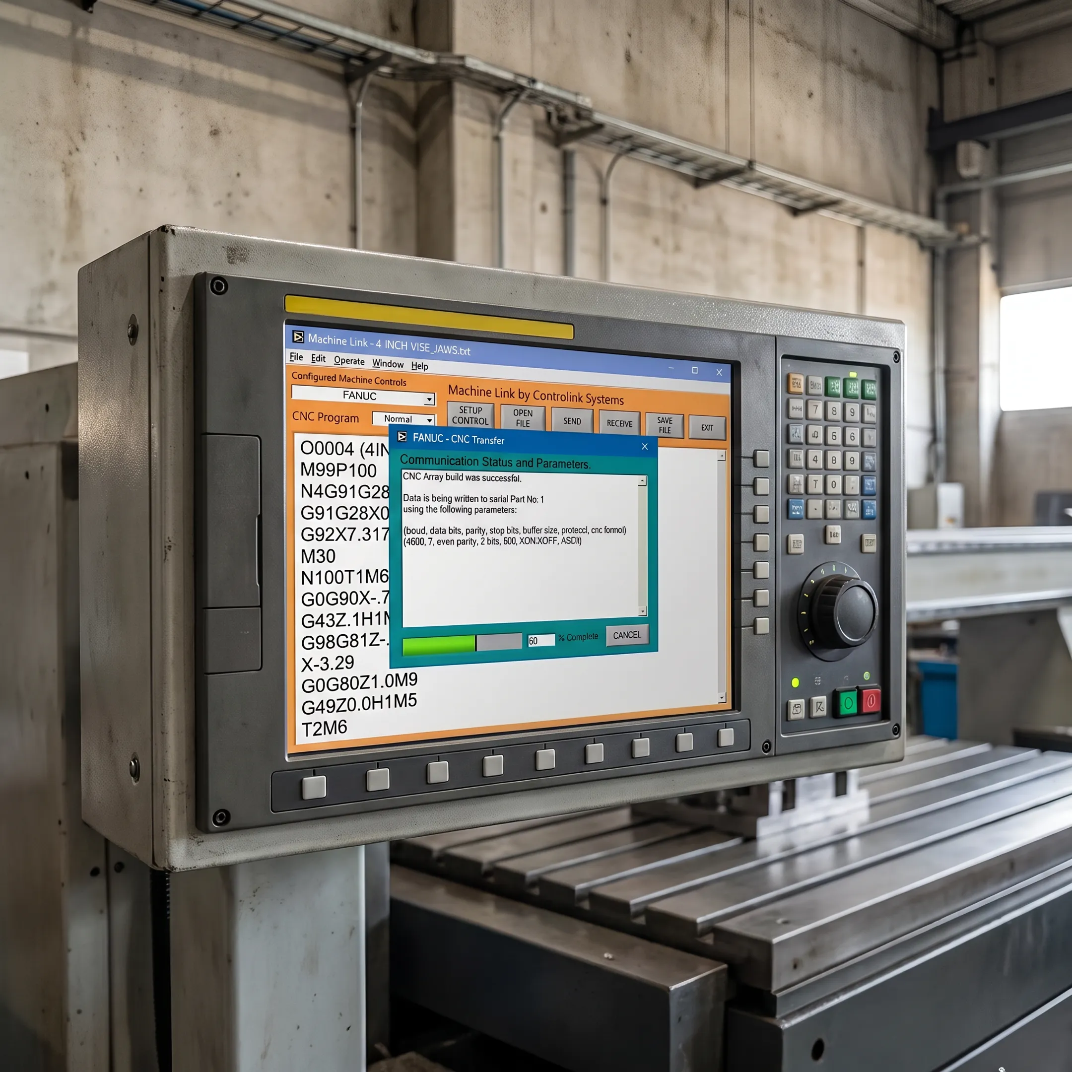 CNC operator checking program file delivery on machine tool control
