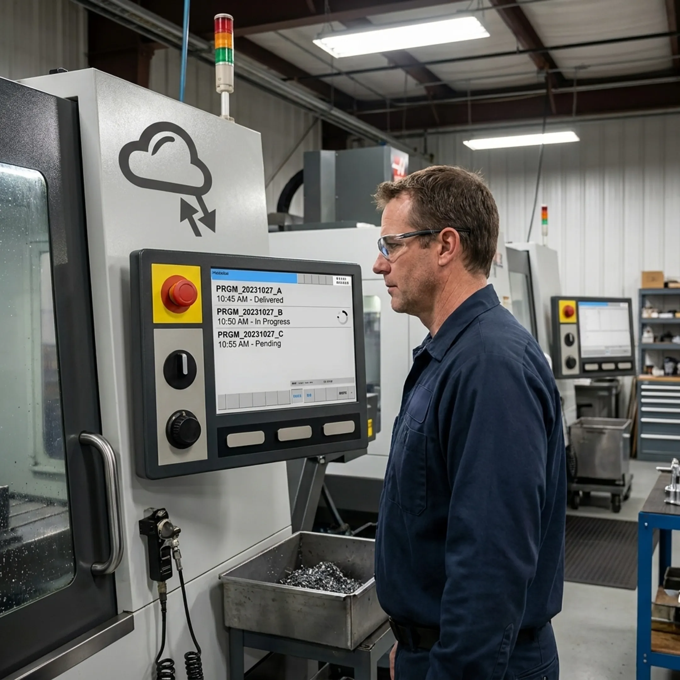 Machinist monitoring CNC program delivery logs on a control terminal screen