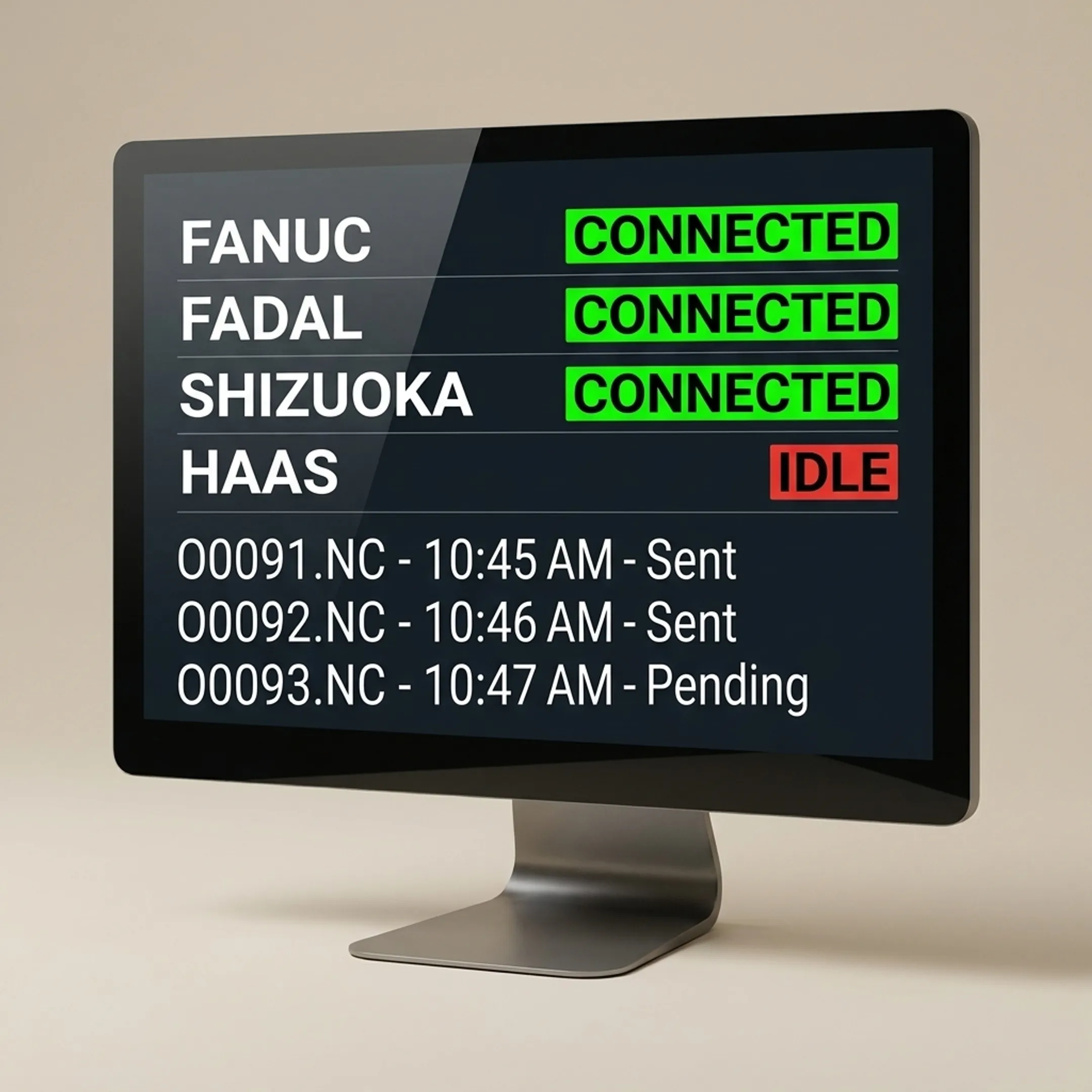 Controlled CNC program delivery workflow diagram on a computer monitor