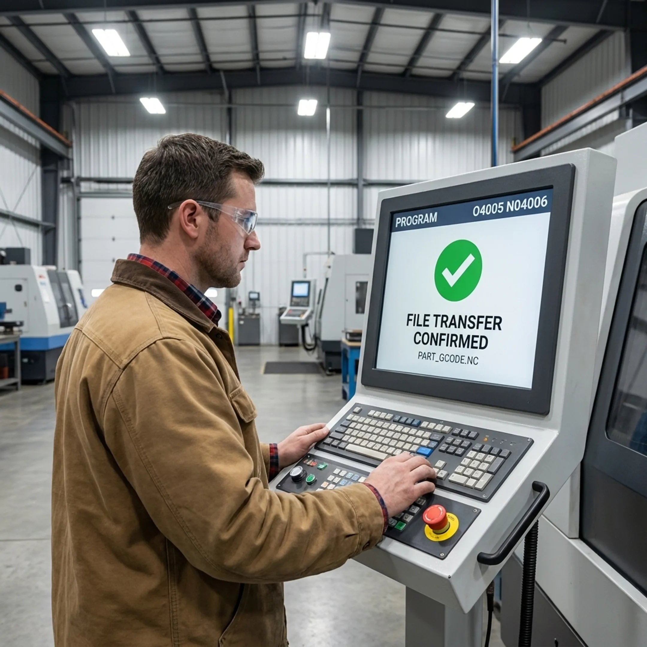 CNC operator requesting and receiving verified program files at machine tool control.