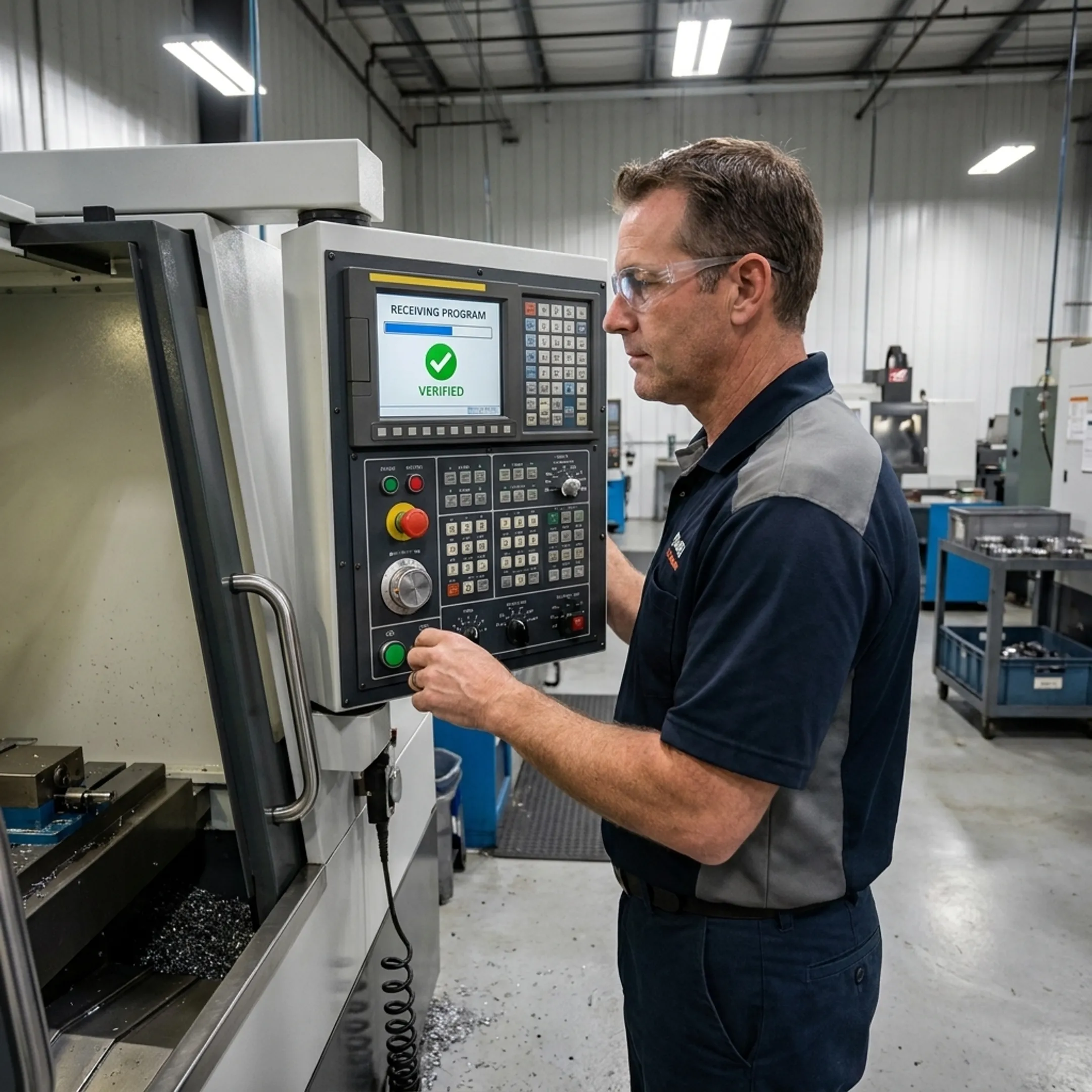 CNC machinist monitoring automated file transfer on a control screen in a modern manufacturing plant.