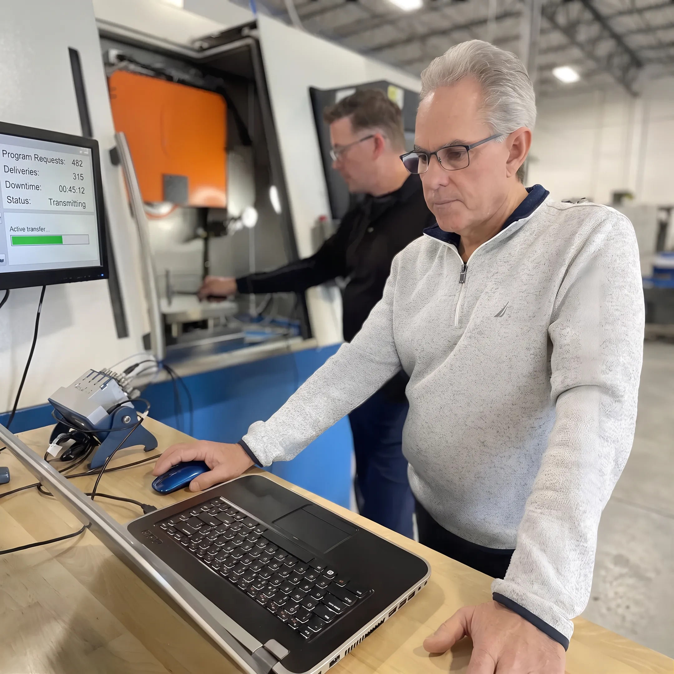 Machinist monitoring CNC program delivery at an industrial machine control