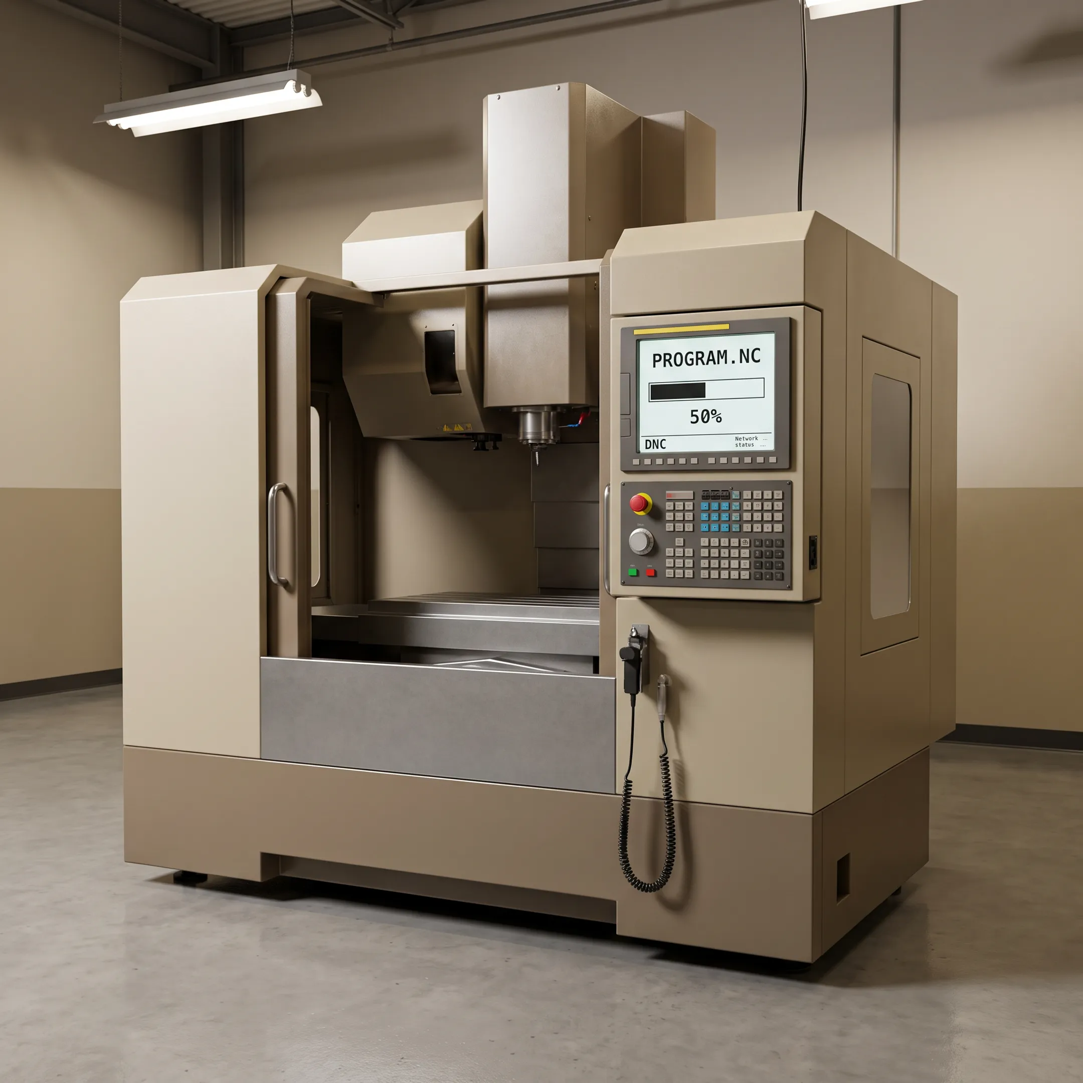 CNC machinist operating Haas machine control linked to DNC network