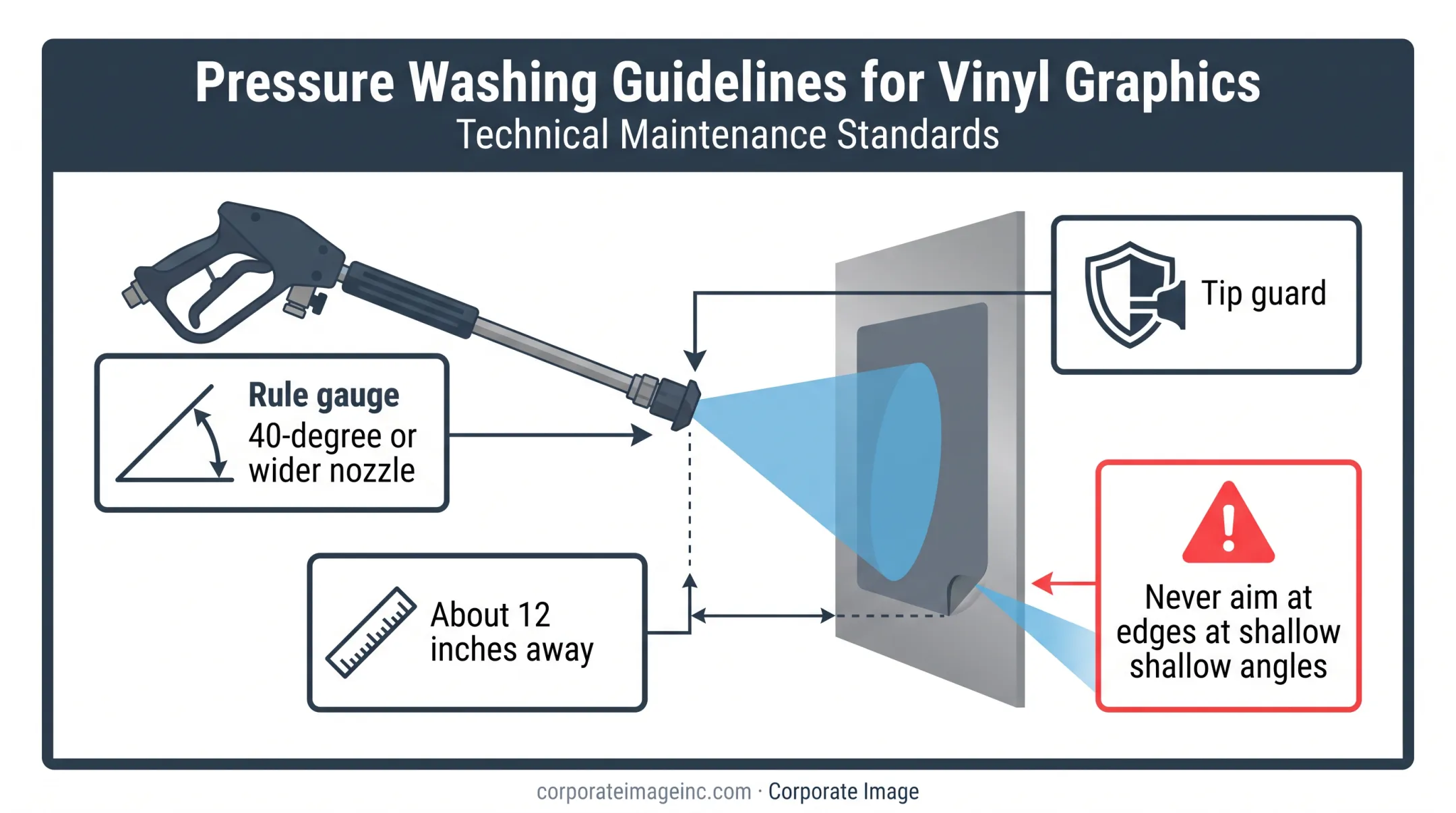 Safe pressure washing rules for vinyl decals on powder coating