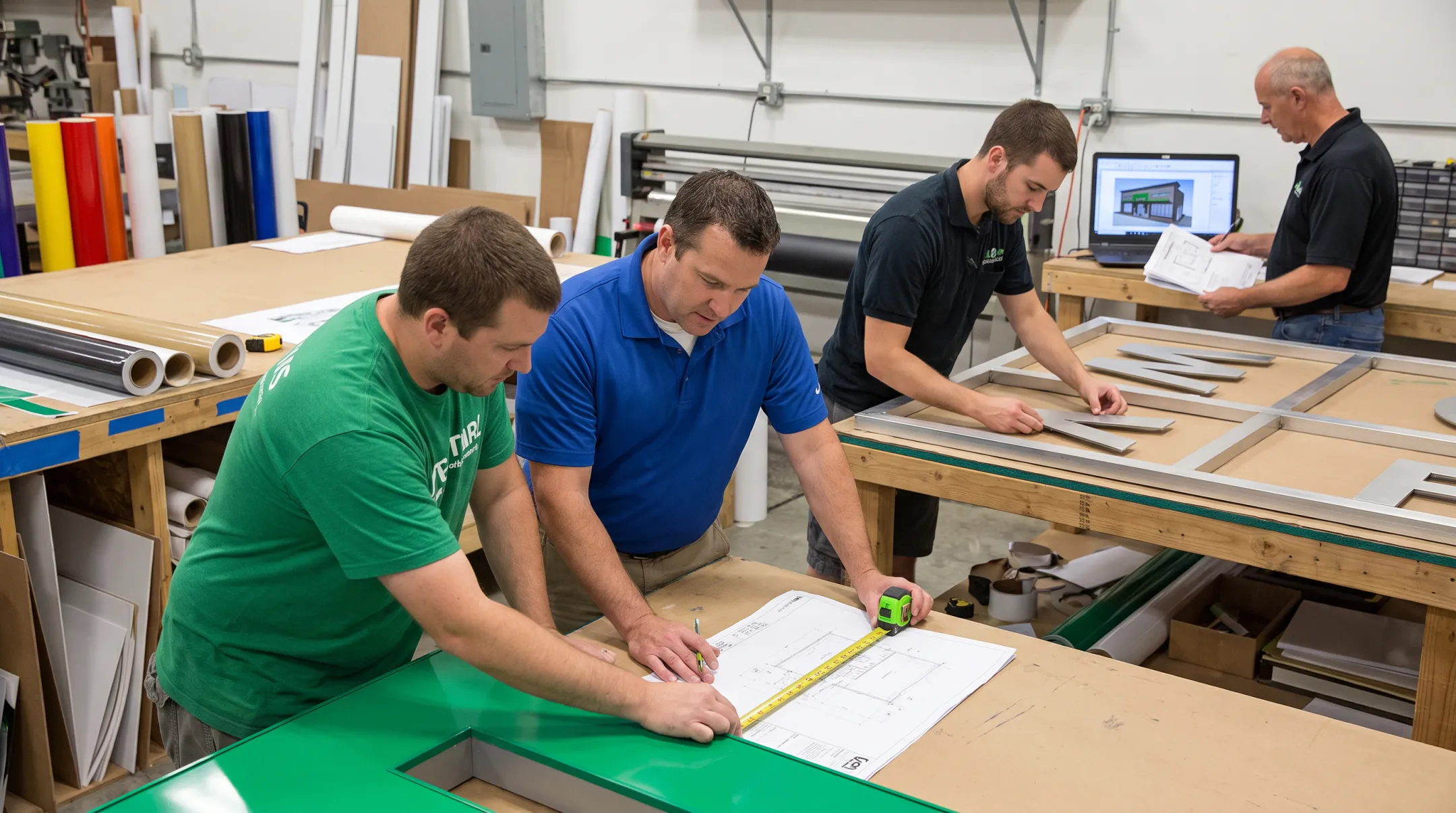 Company signage team coordinating custom commercial installation project