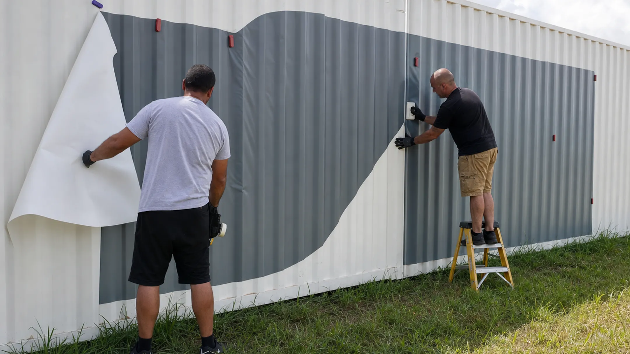 Vinyl graphics applied across corrugated shipping container side panels