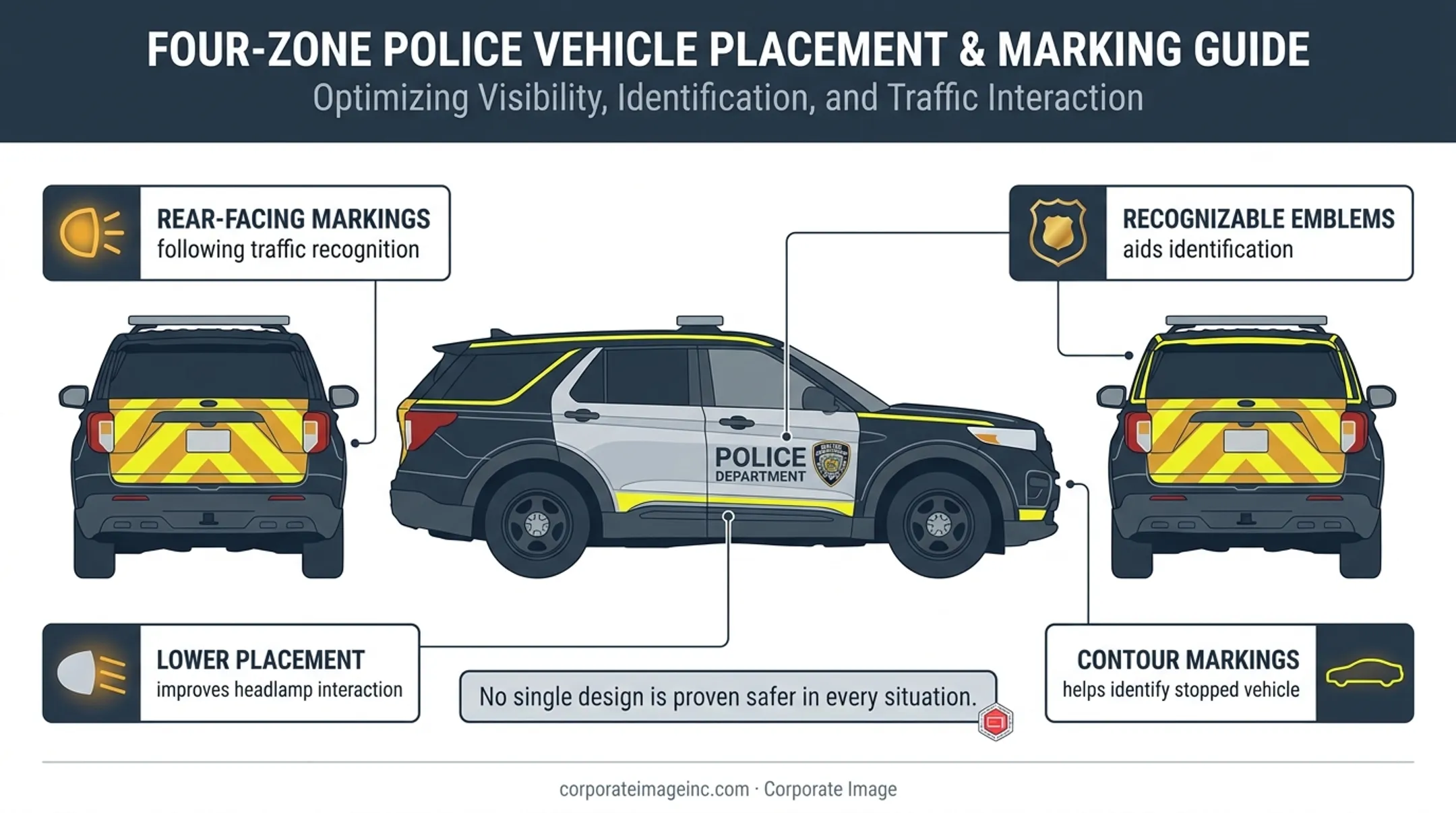 Police vehicle reflective marking placement and recognition guidance diagram