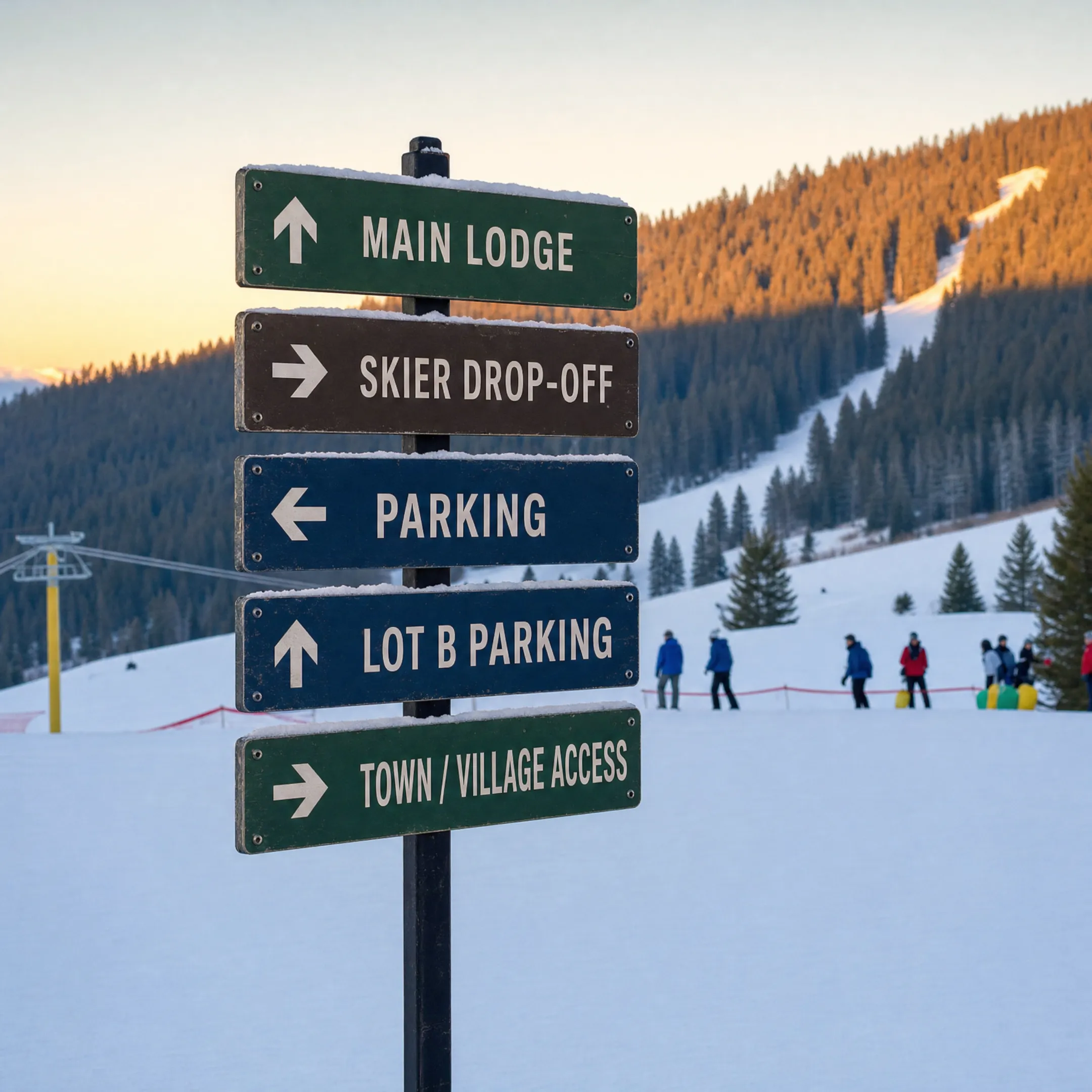 Ski resort directional sign showing parking lodge and town destinations