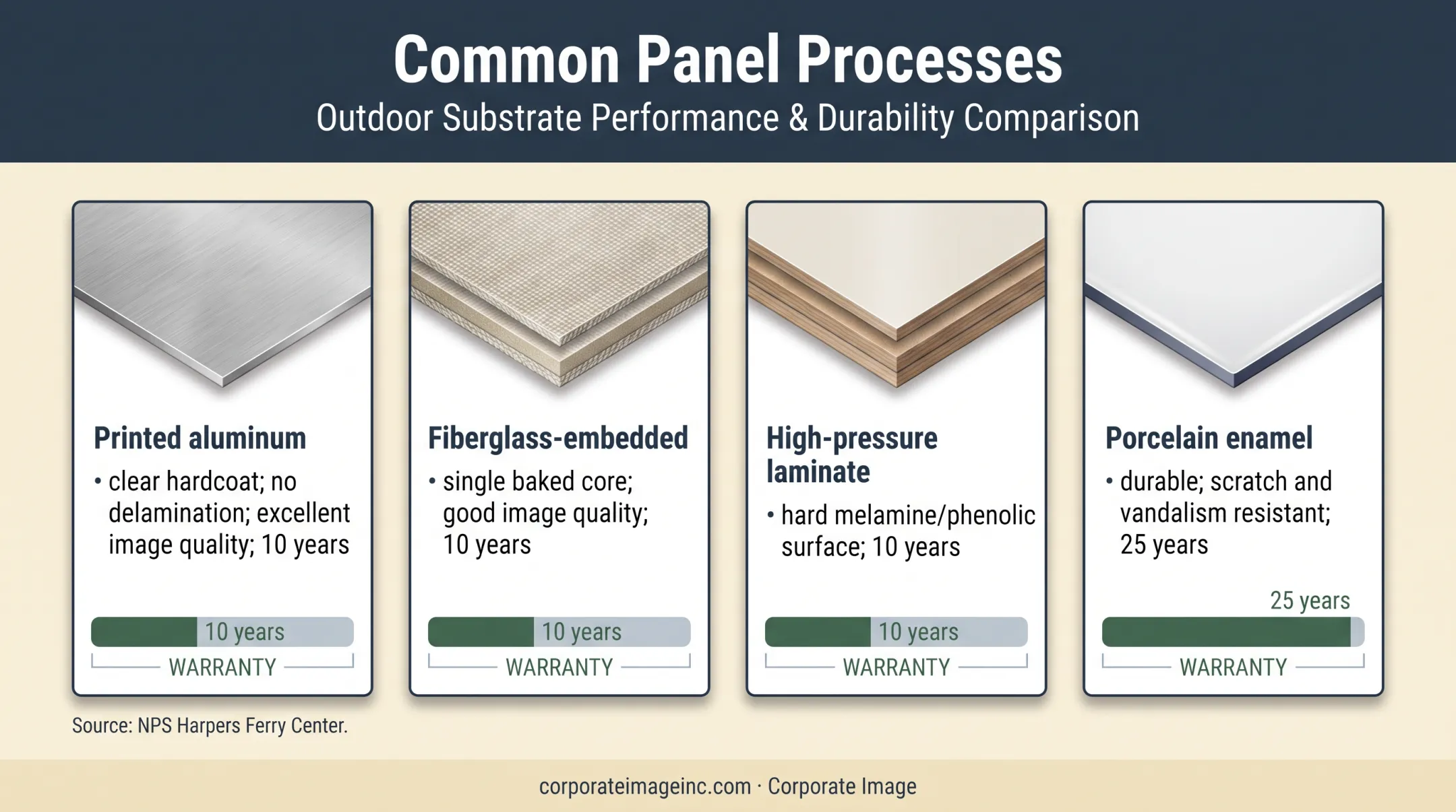 Historical marker panel materials comparison with warranty lengths