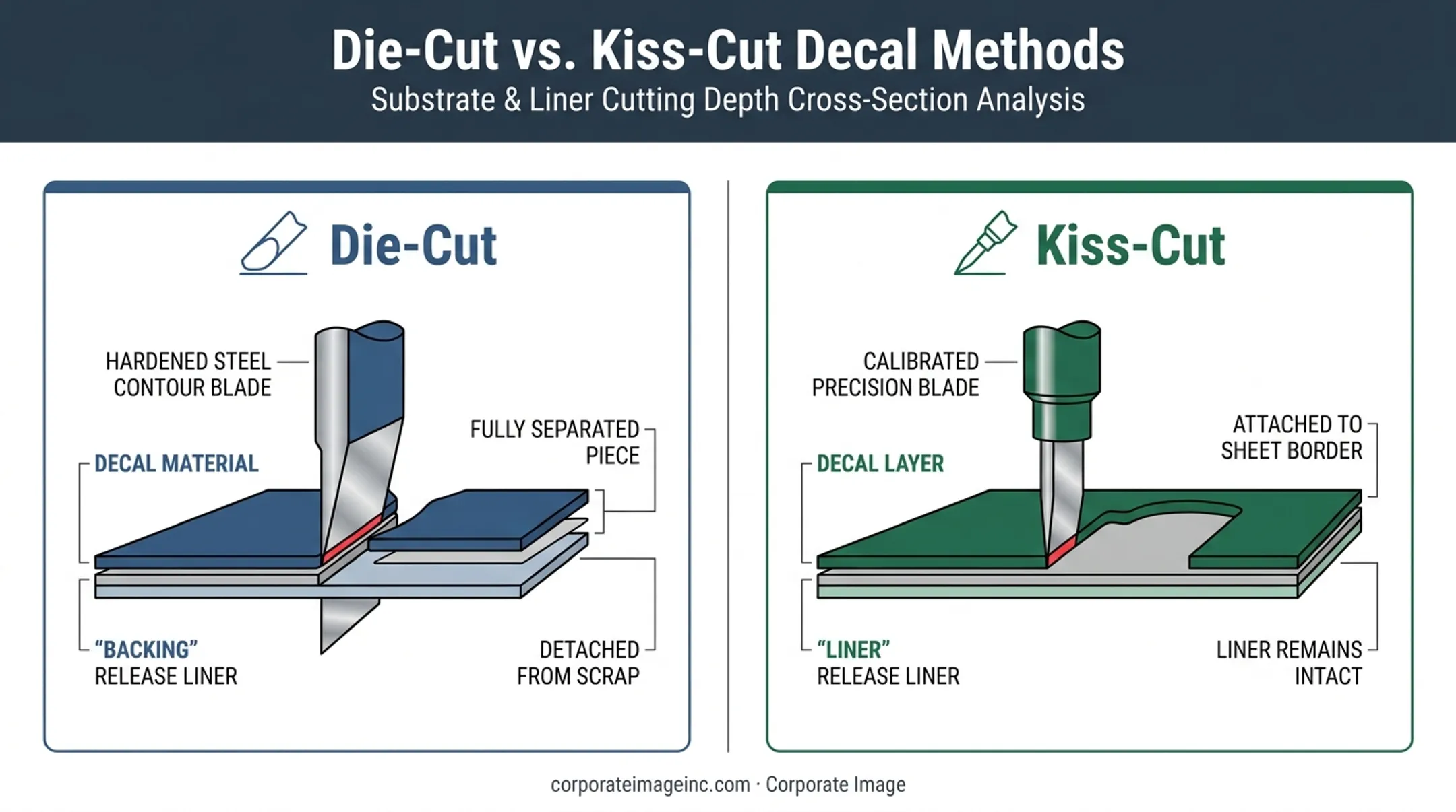 Die-cut and kiss-cut decal layers showing different cutting depths