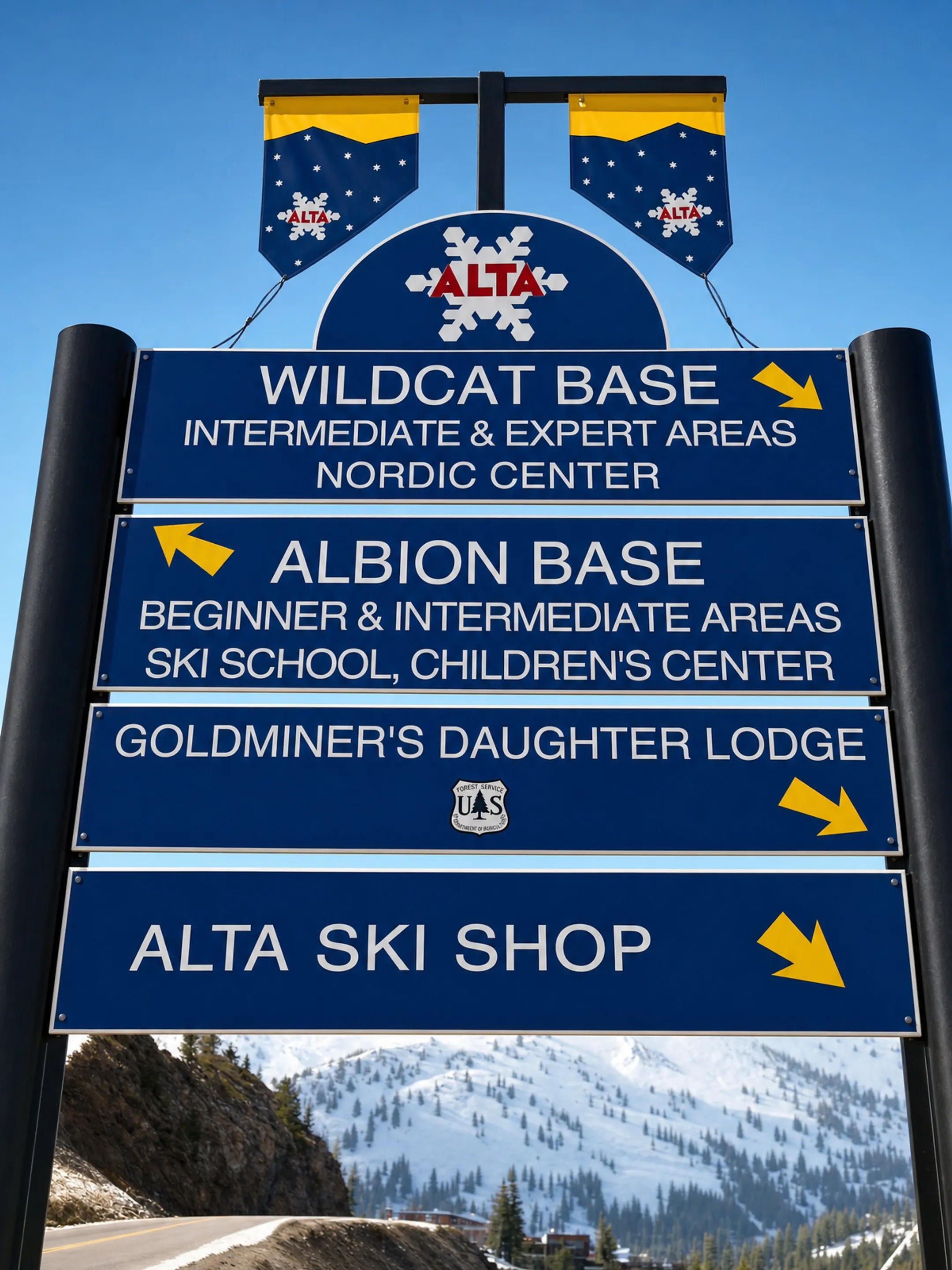 Alta ski resort wayfinding sign stack with colored arrows and destinations
