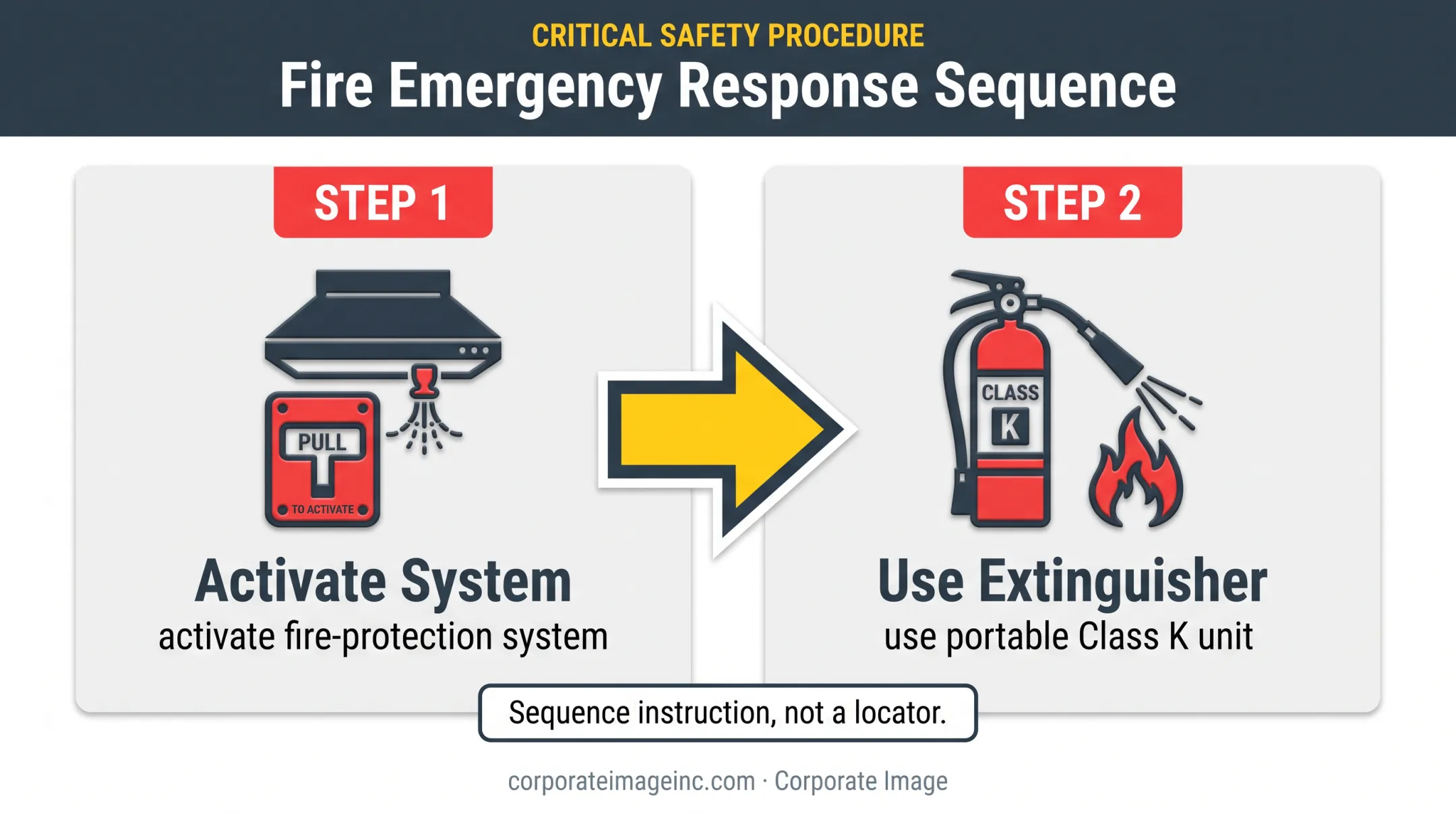 Two-step commercial kitchen fire response sequence