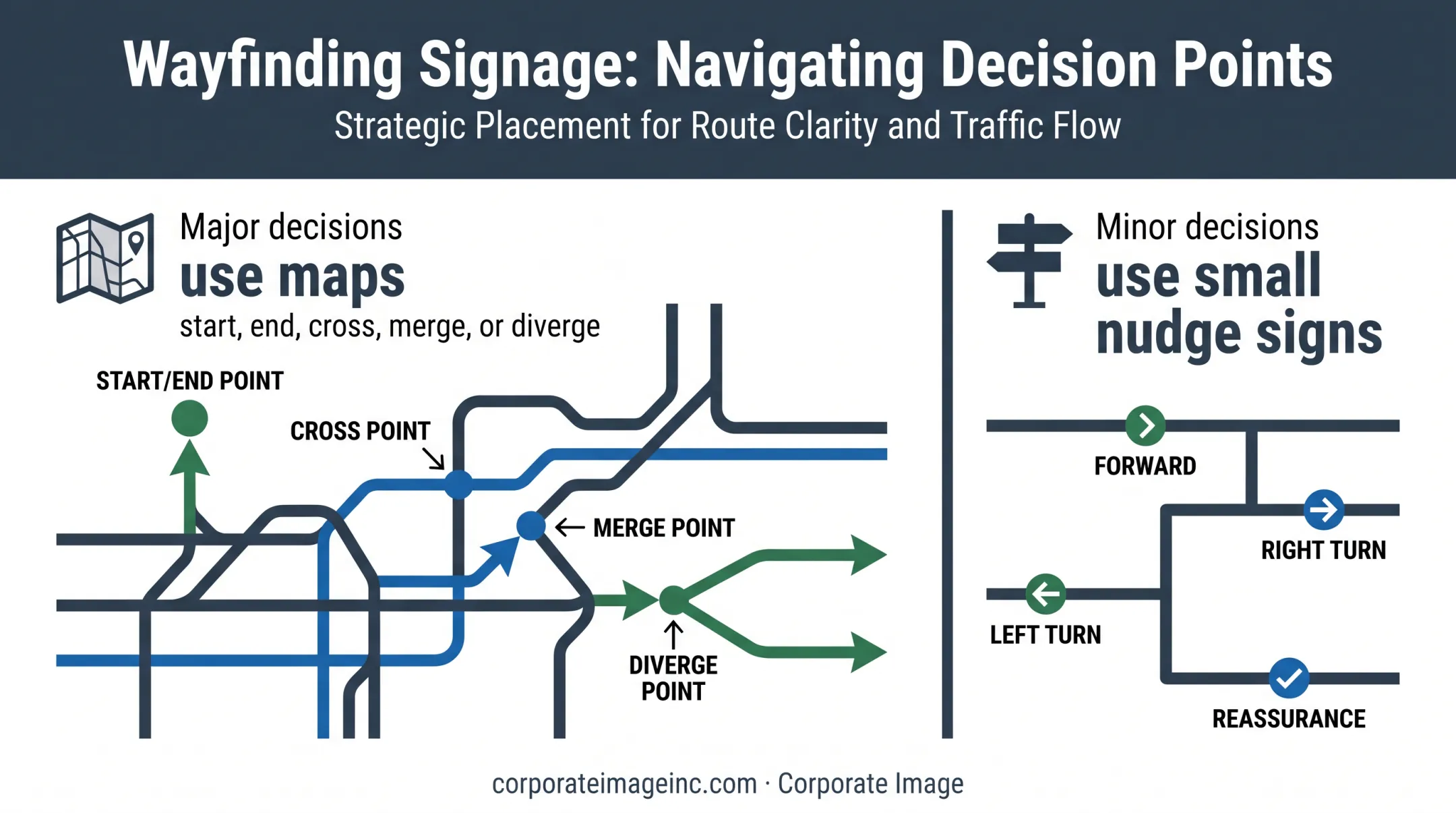 City wayfinding sign placement by route decision importance