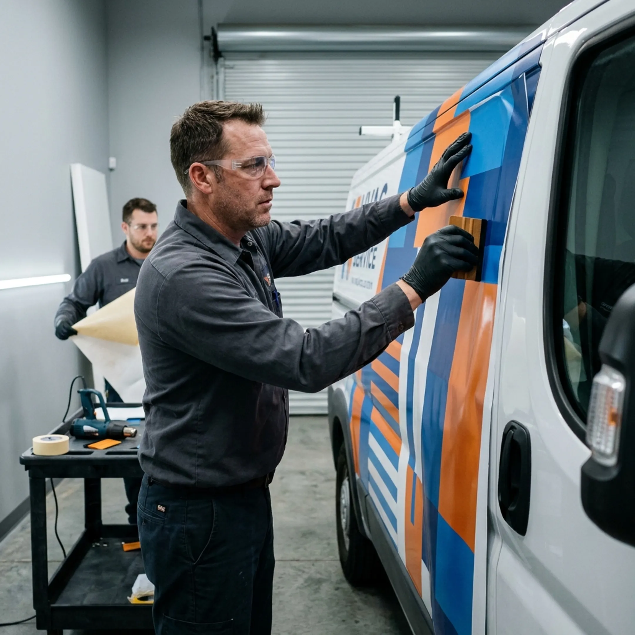 Installer applying branded vinyl graphics to an HVAC service van