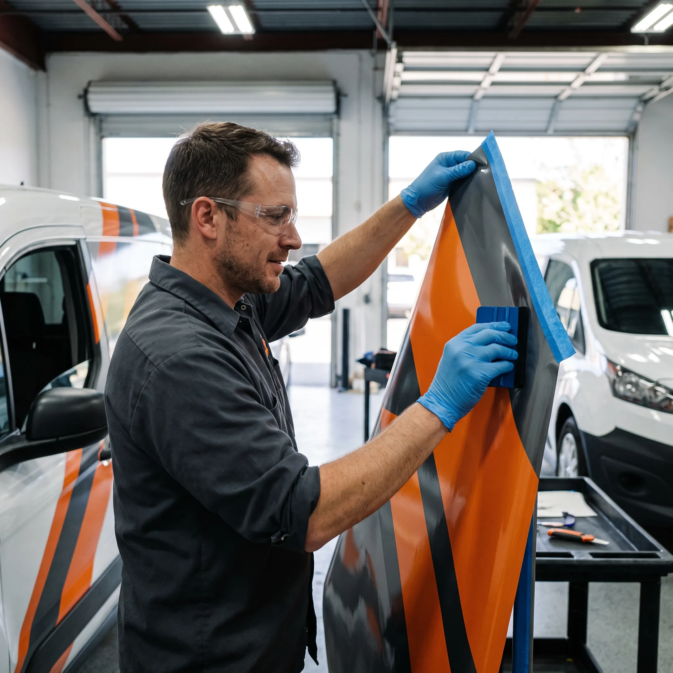 Professional installer applying branded graphics to an electrical contractor van