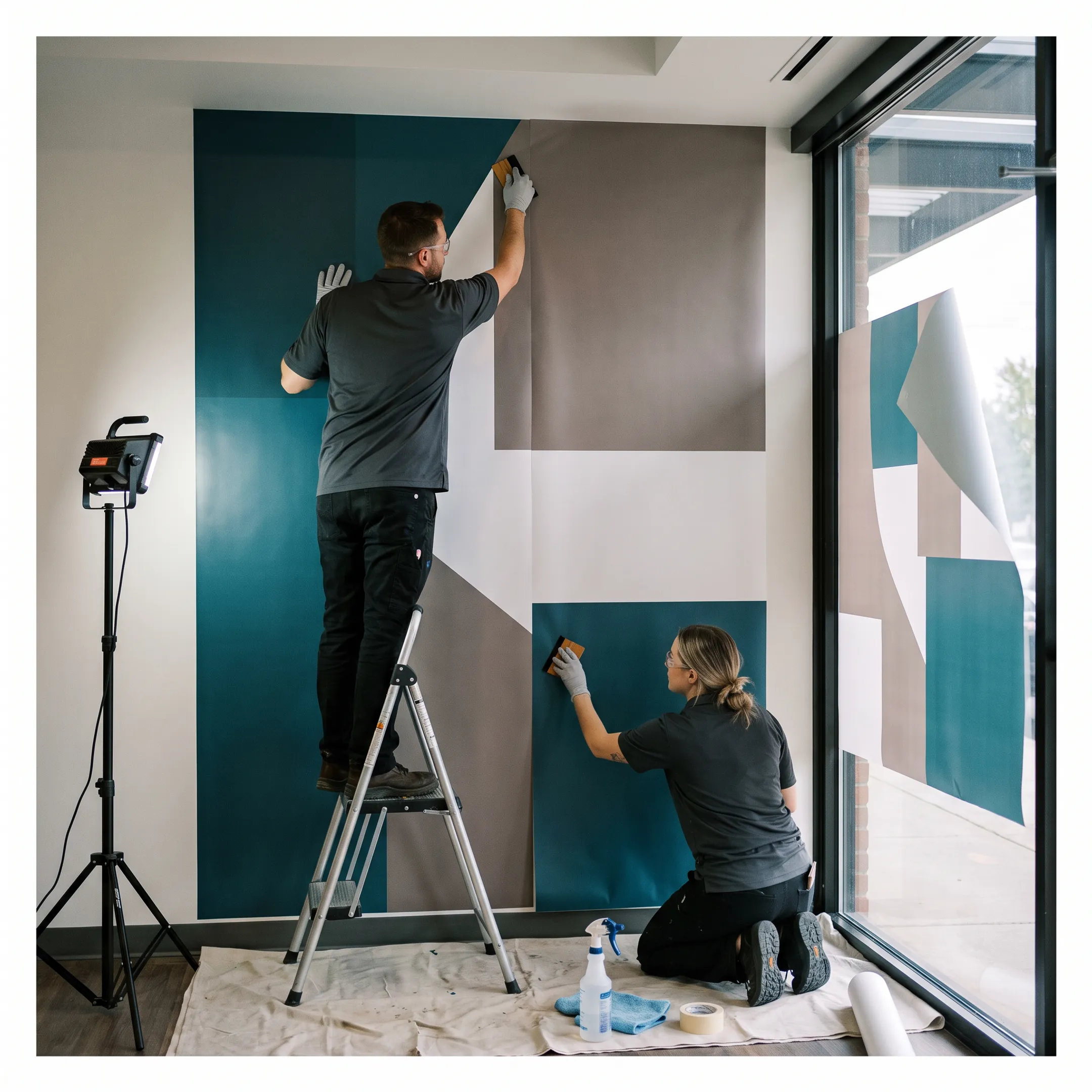 Commercial wall graphic installation in a branded business interior