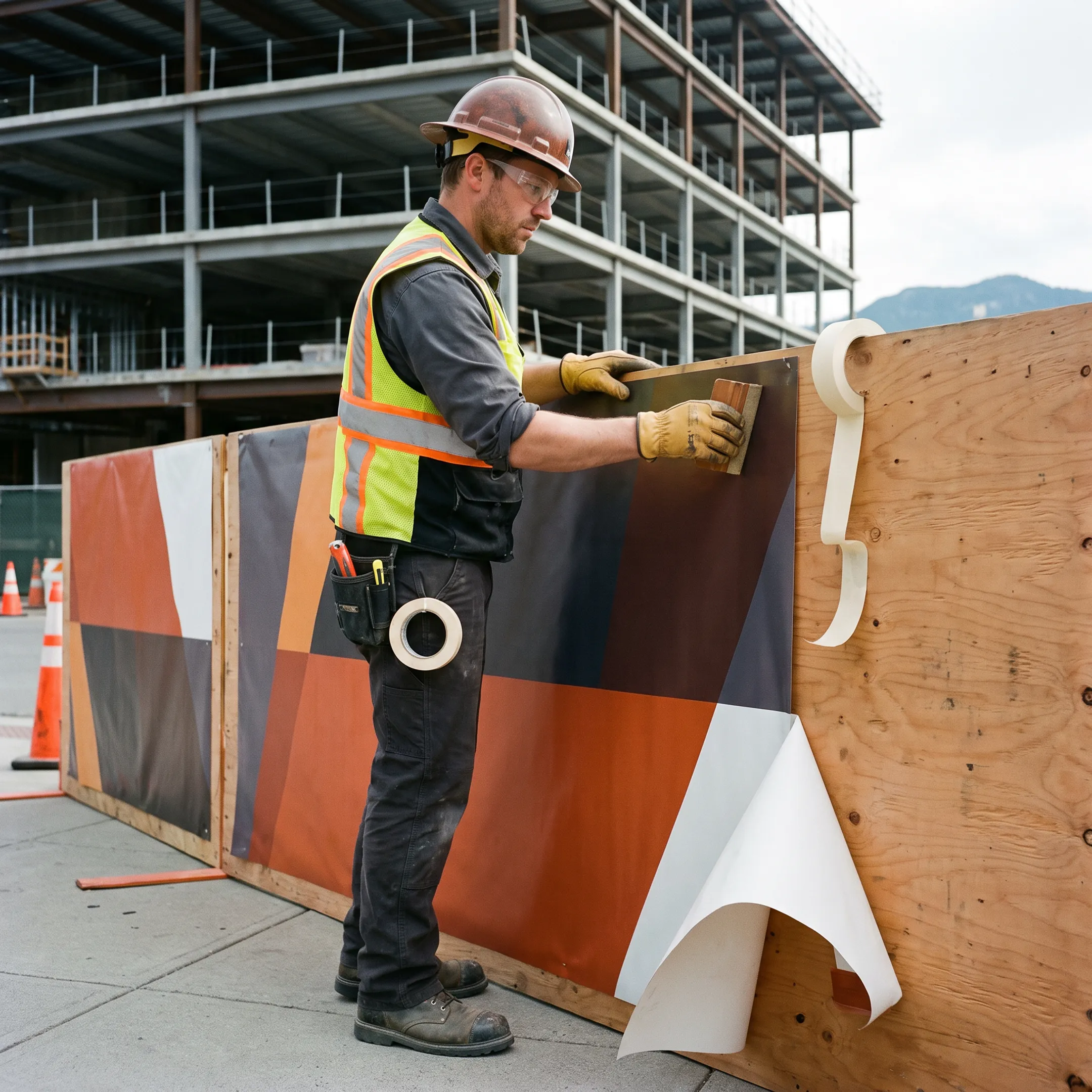 Installer applying custom graphics to construction barricade panels