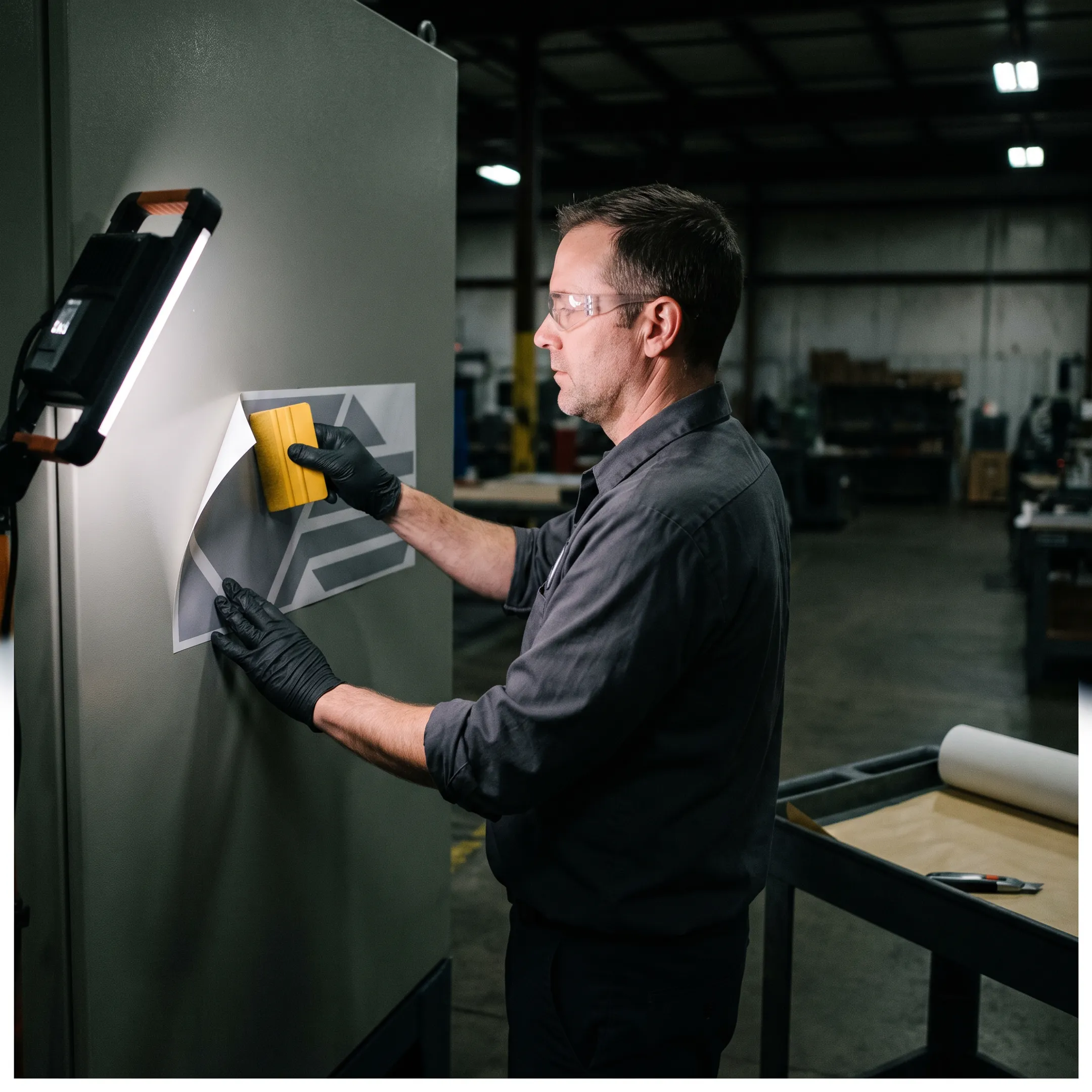 Technician applying a custom label to industrial machinery