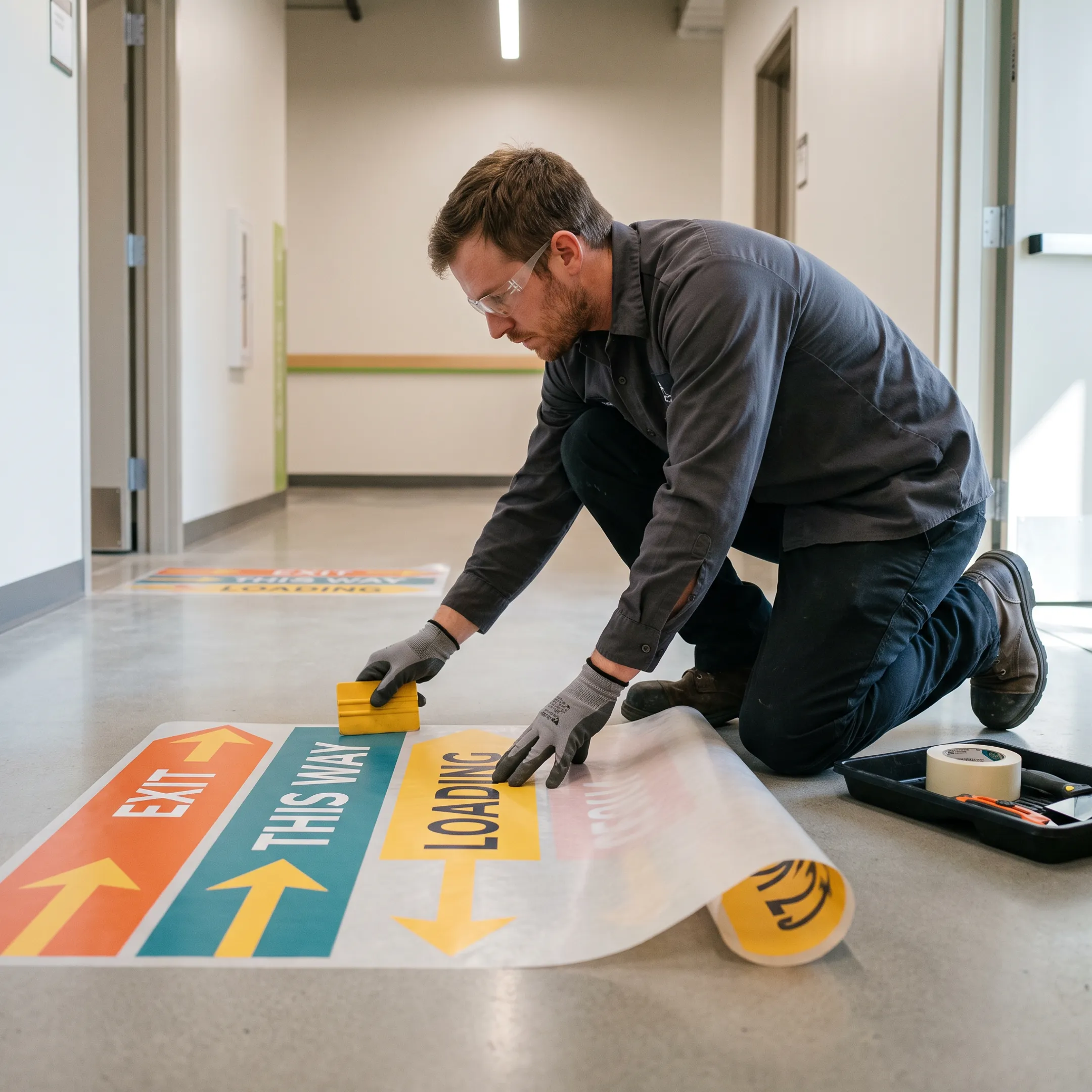 Installer applying a directional floor graphic inside a facility
