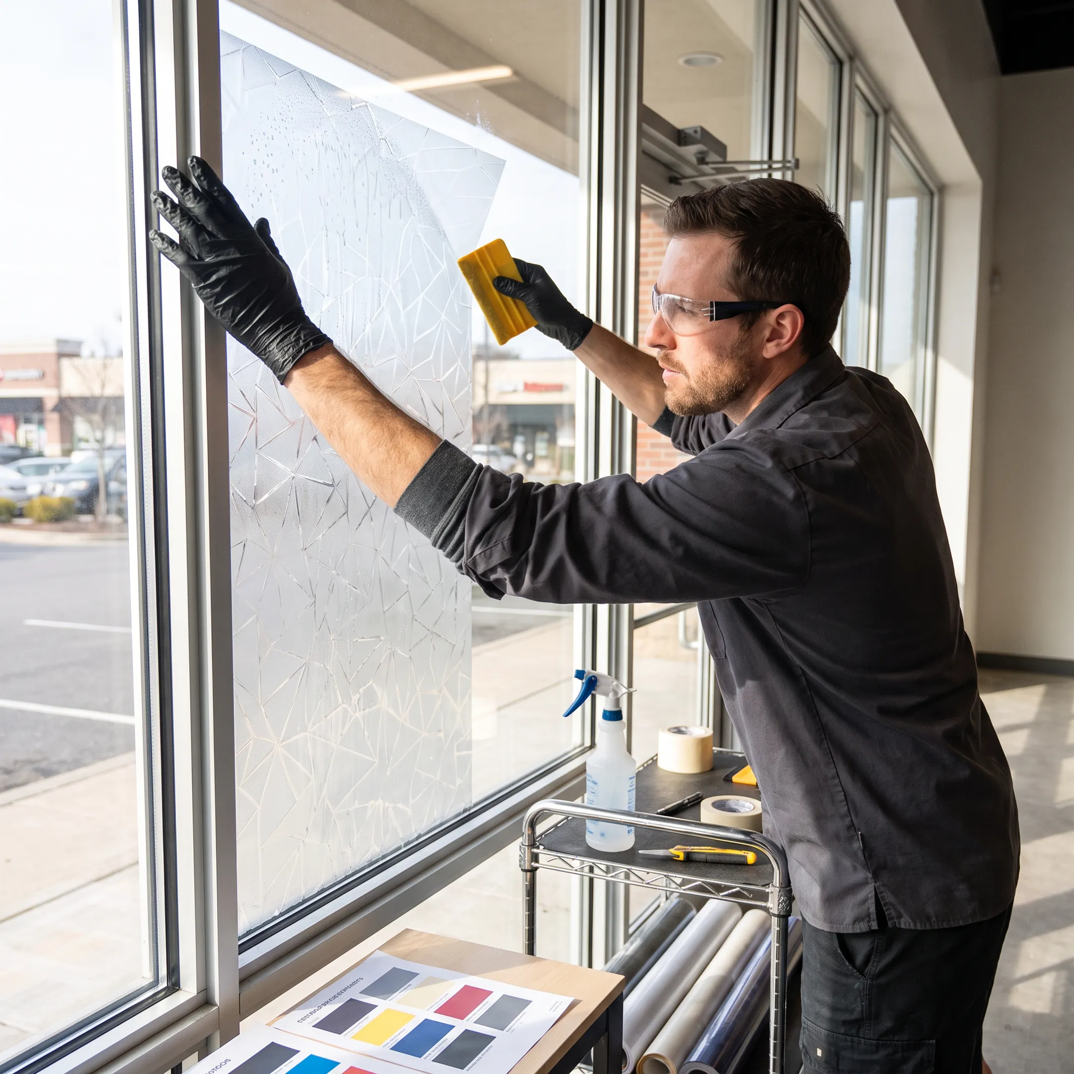Installer applying custom graphic film to a commercial window