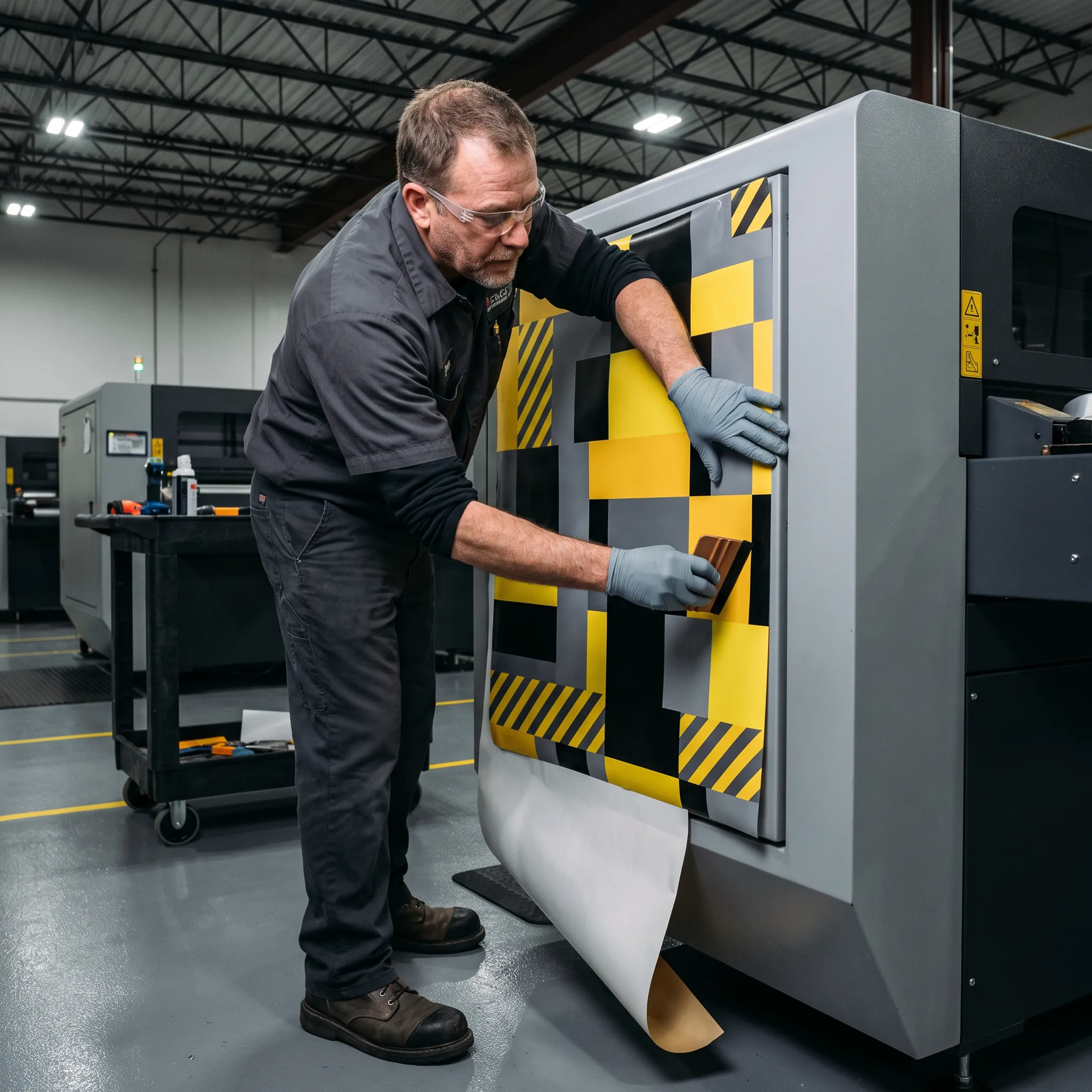 Technician installing a custom graphic overlay on industrial machinery