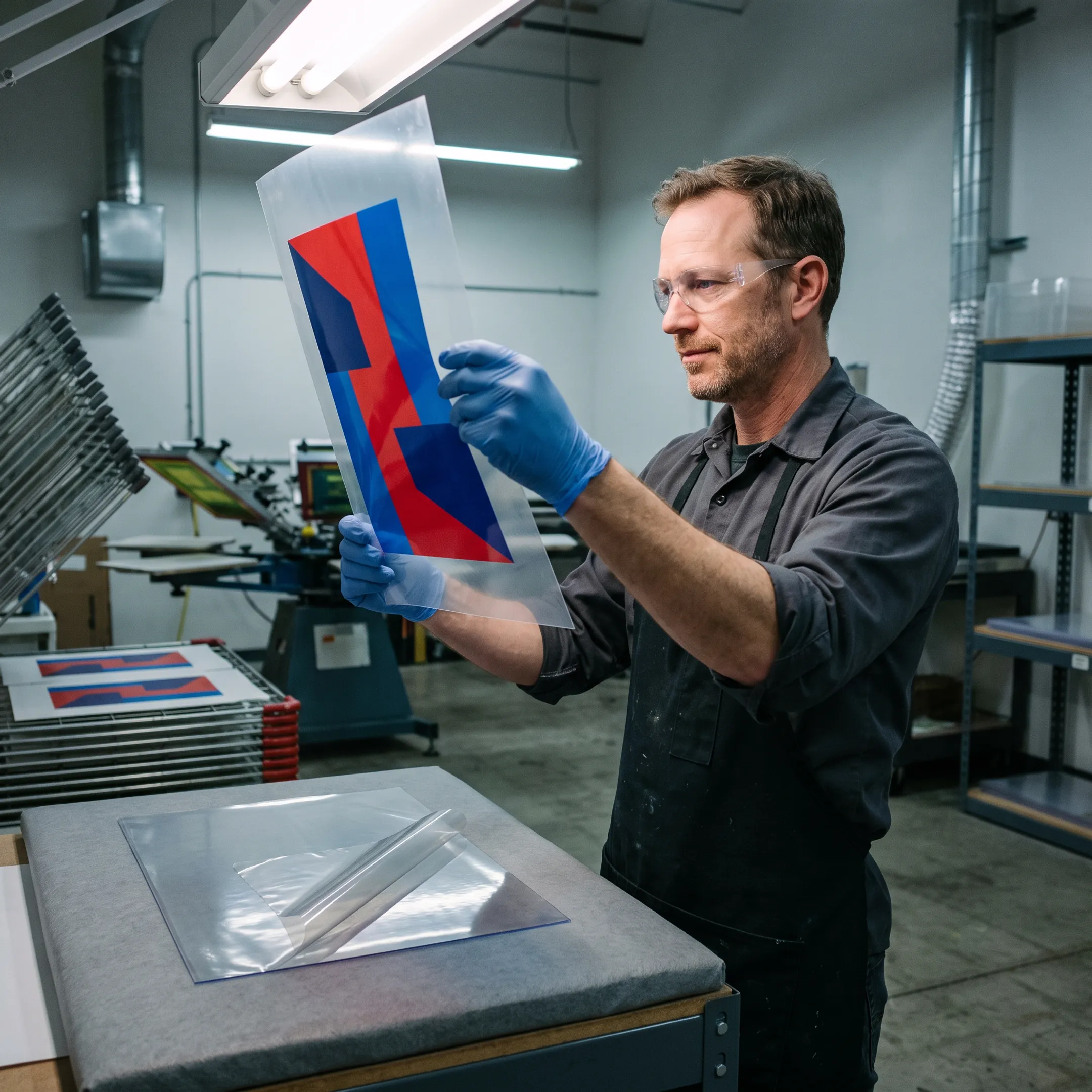 Technician inspecting printed polycarbonate graphics