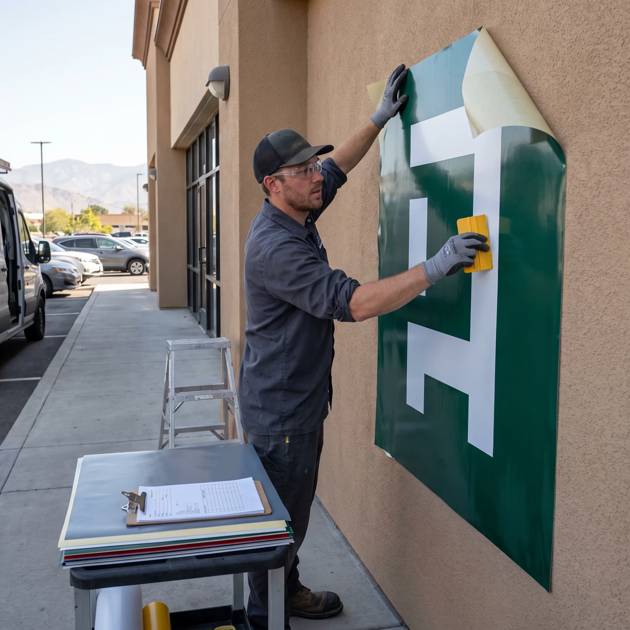 Installer applying professionally managed by graphics to a commercial building