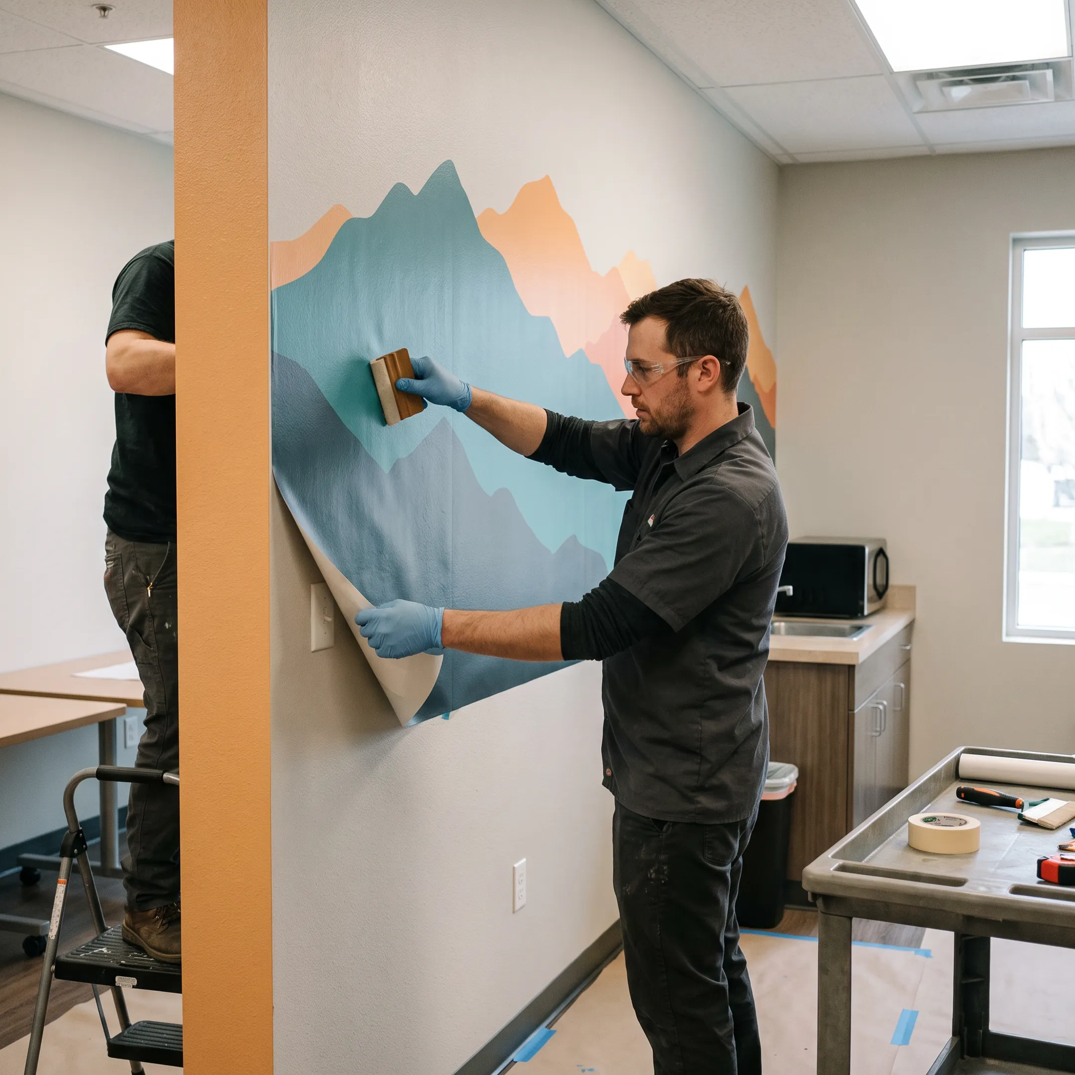 Installer applying a custom break area wall graphic