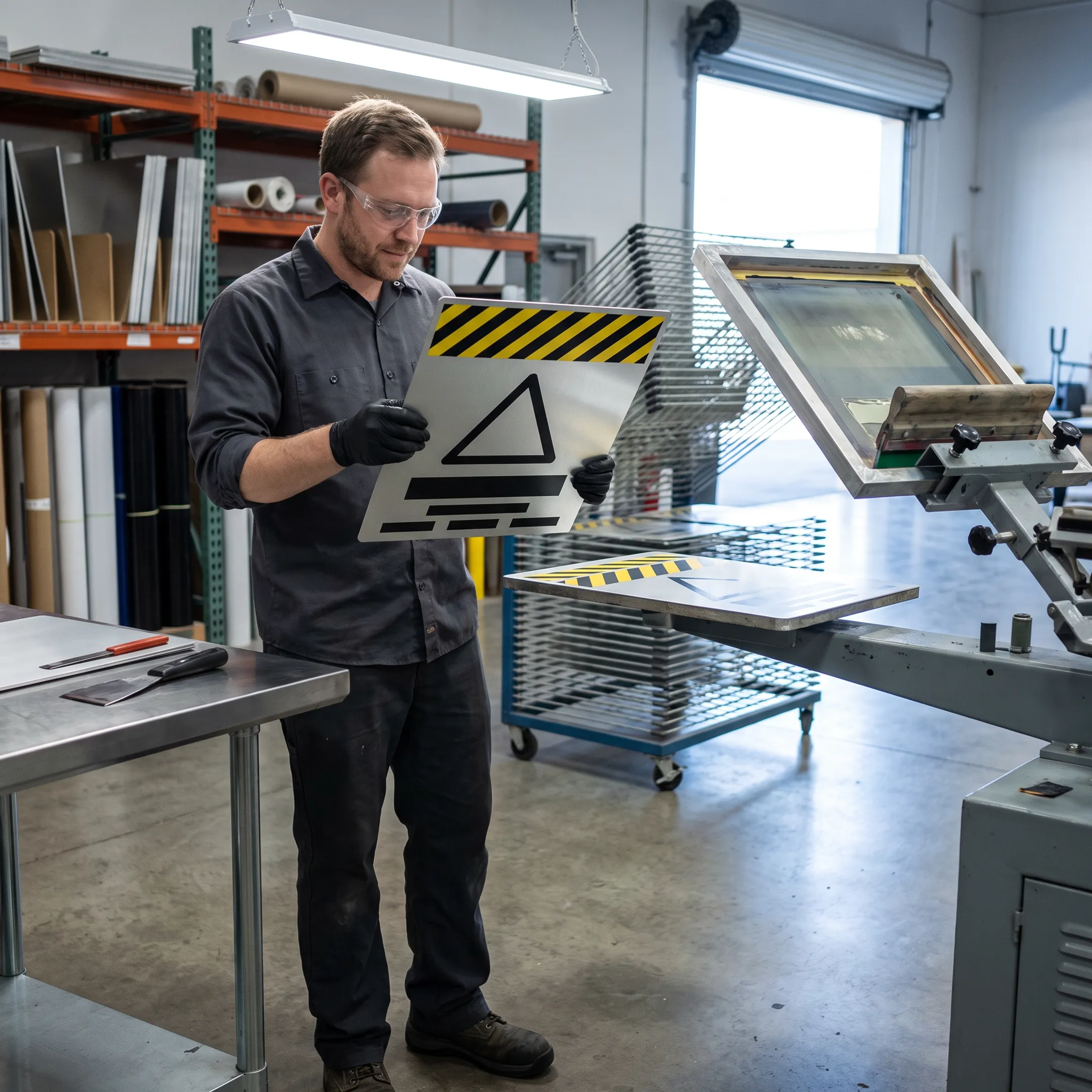 Technician reviewing a custom printed aluminum graphic
