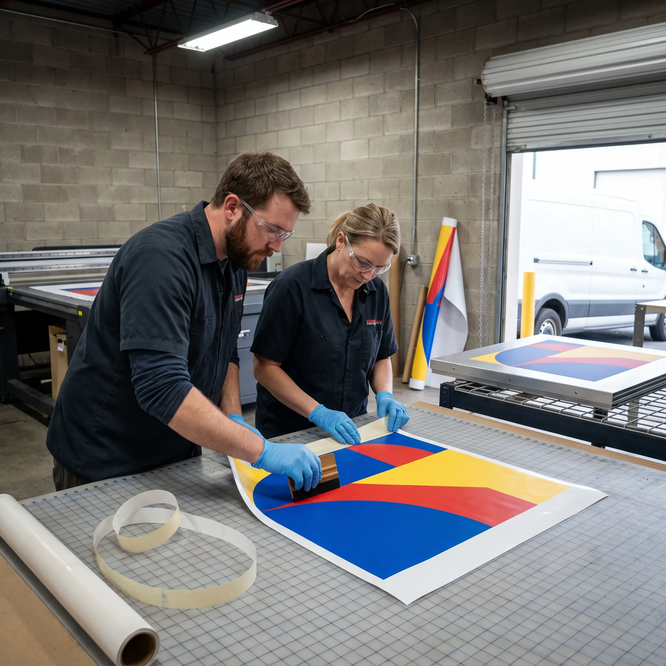 Custom signage graphics being prepared for installation